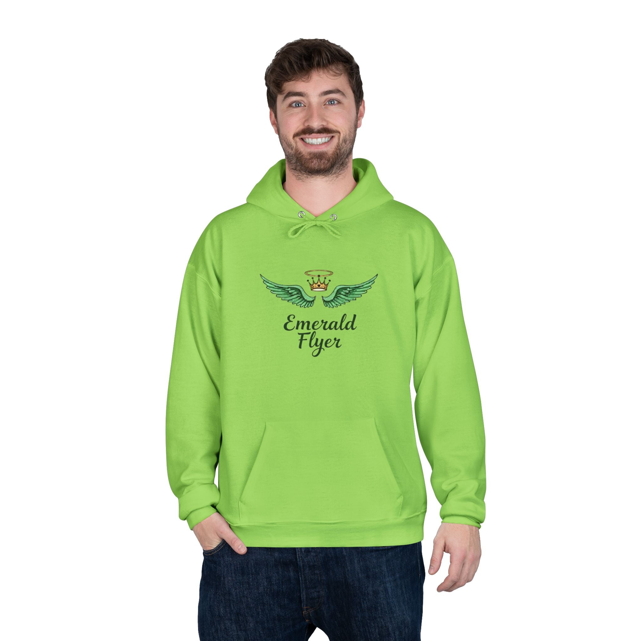 Emerald Flyer Hoodie — Green Winged Crown Graphic Pullover