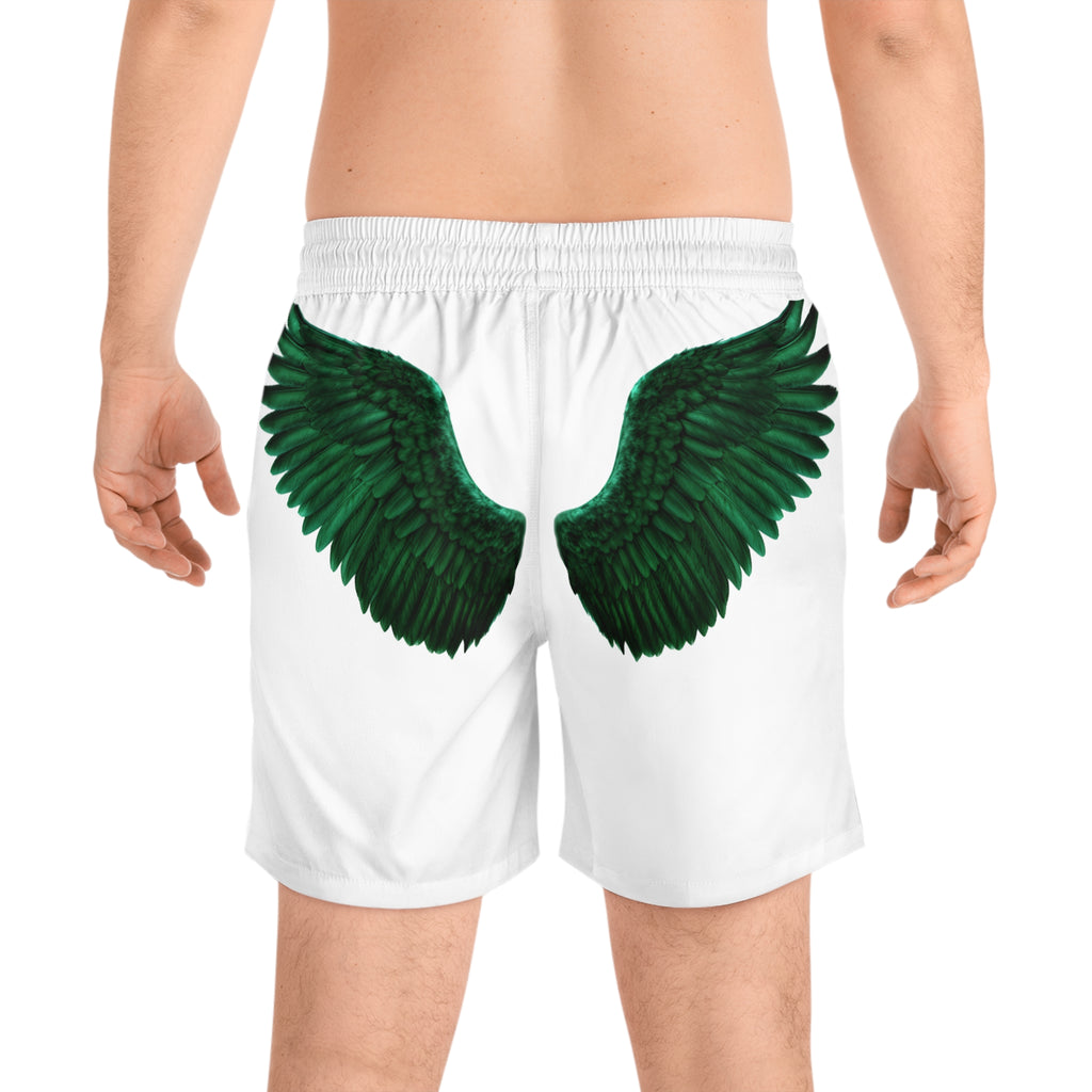 Emerald Flyer Swim Shorts – "Born To Fly" White Trunks with Green Wing Graphics