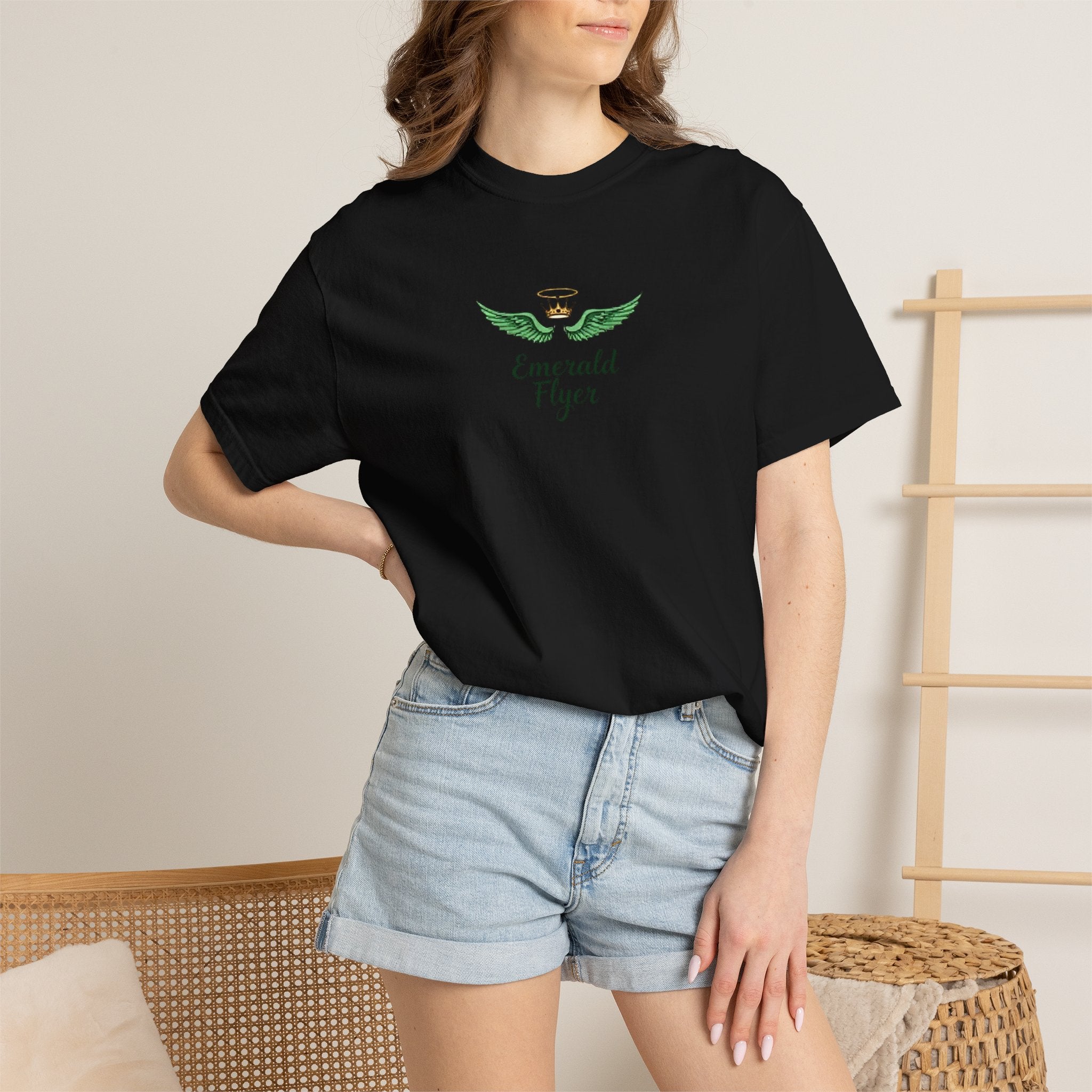 Emerald Flyer T-Shirt – 'Born to Fly' Winged Crown Graphic Tee
