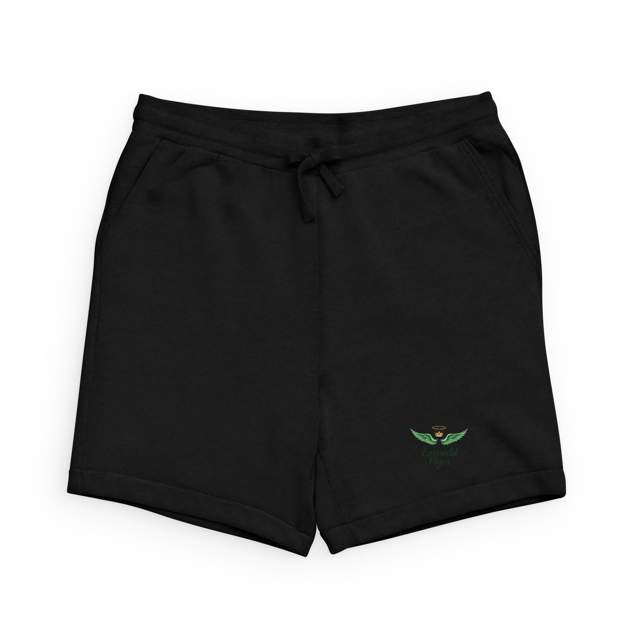 Black Sponge Fleece Sweatshorts with Minimal Green Leaf Logo — Casual Lounge Shorts