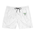 Emerald Flyer Swim Shorts – "Born To Fly" White Trunks with Green Wing Graphics