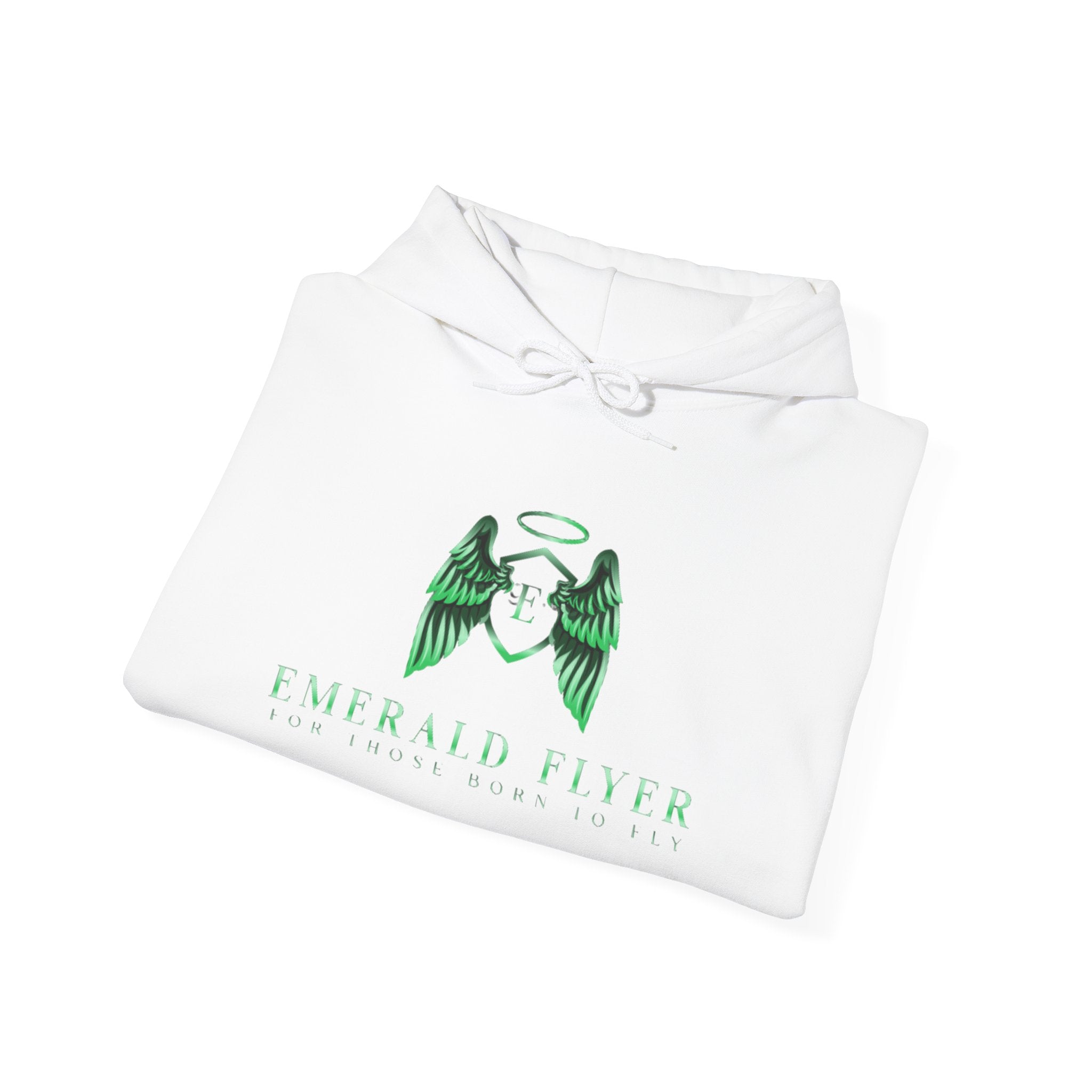 Emerald Flyer Hoodie — Green Angel Wings Pullover with 'Born to Fly' Sleeve