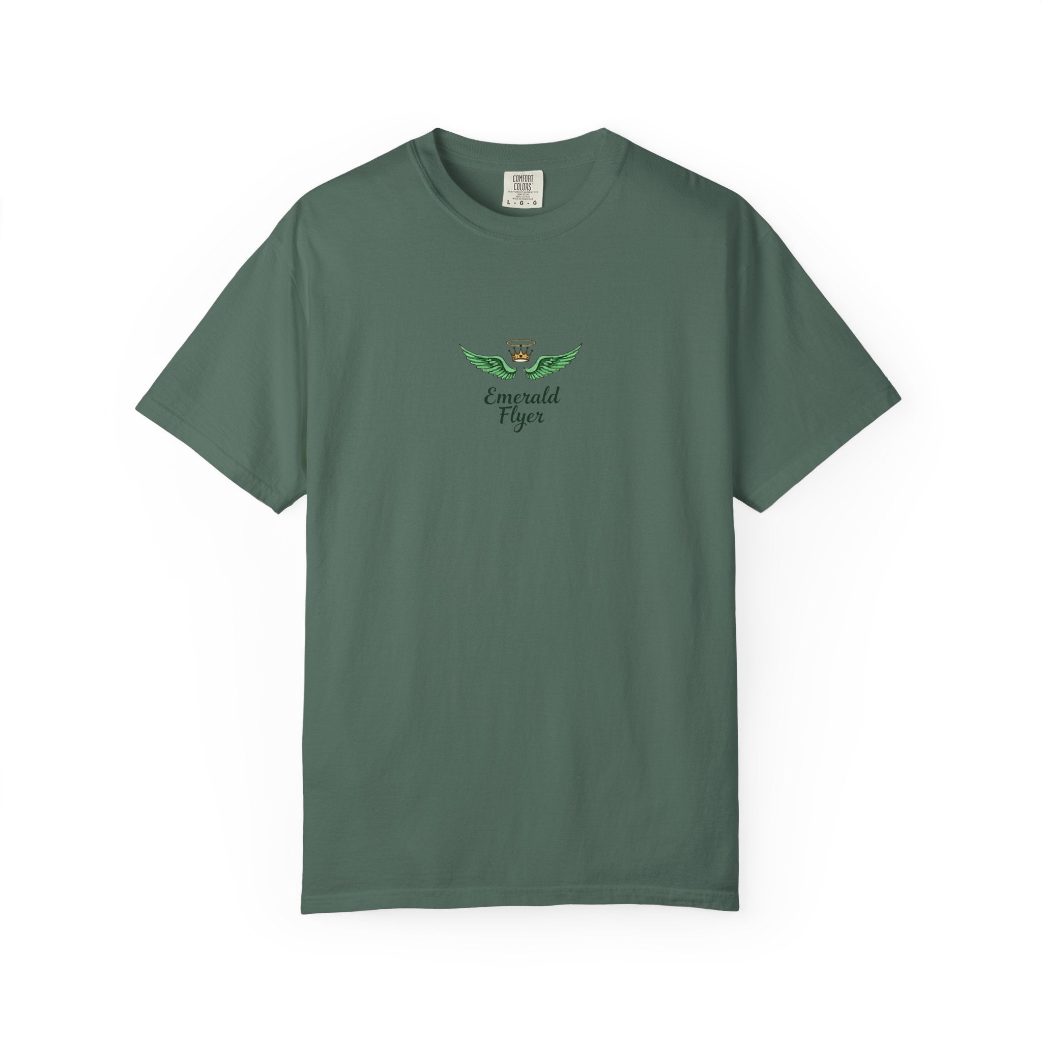 Emerald Tiger T‑Shirt — Green Winged Crown 'Born to Fly' Graphic Tee