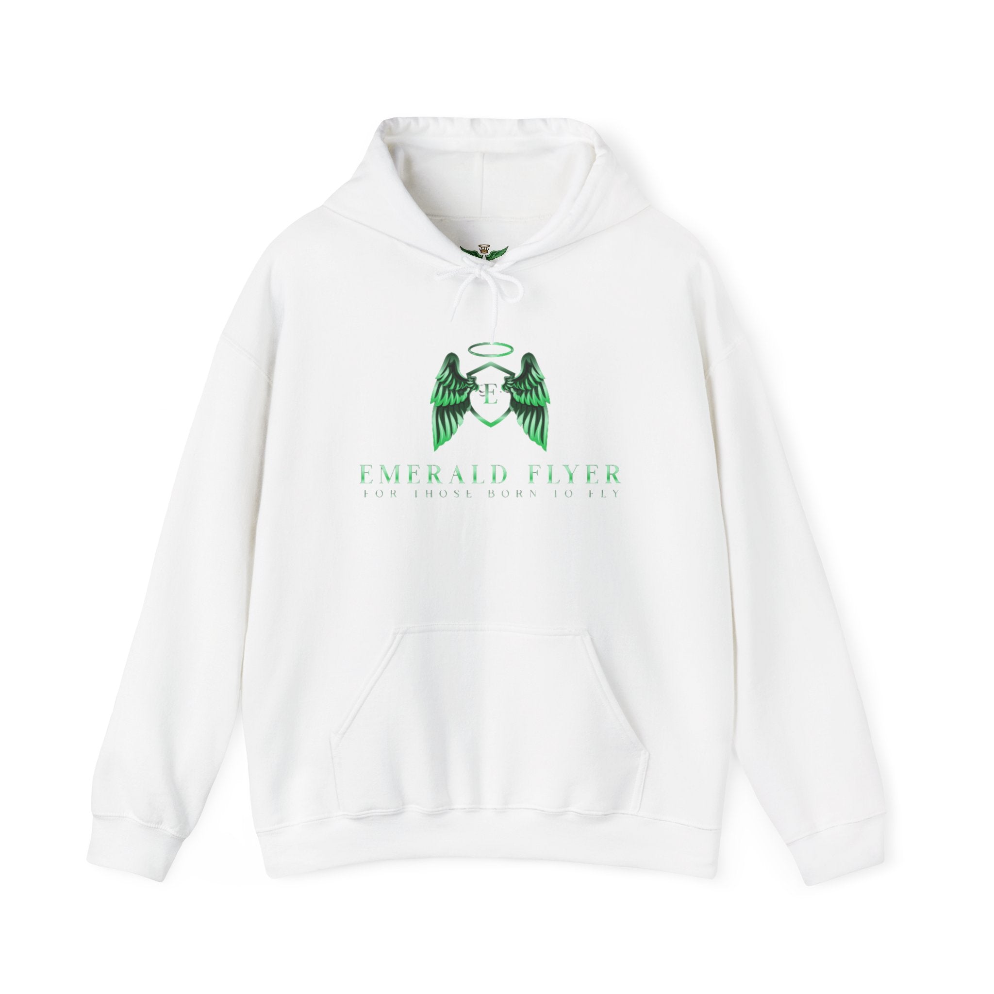 Emerald Flyer Hoodie — Green Angel Wings Pullover with 'Born to Fly' Sleeve