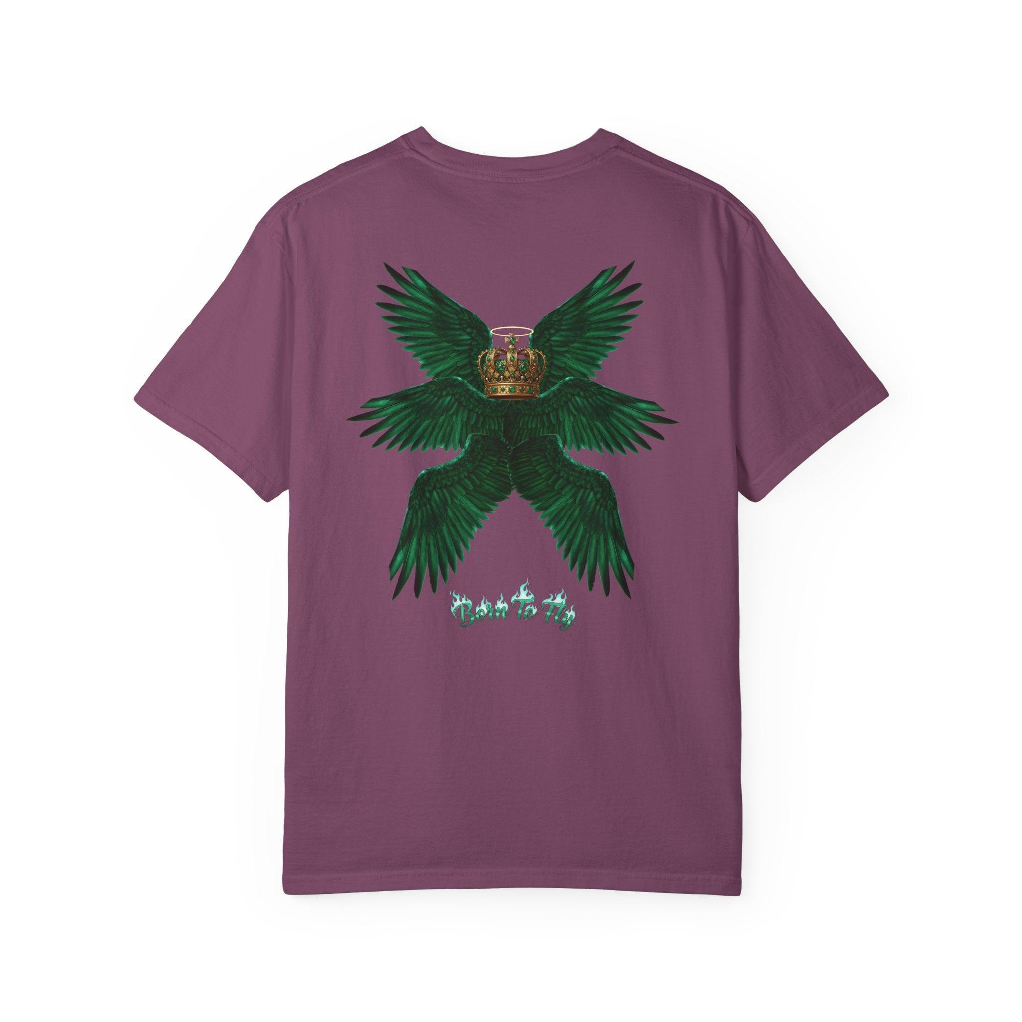 Emerald Tiger T‑Shirt — Green Winged Crown 'Born to Fly' Graphic Tee