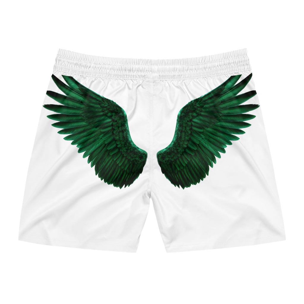 Emerald Flyer Swim Shorts – "Born To Fly" White Trunks with Green Wing Graphics