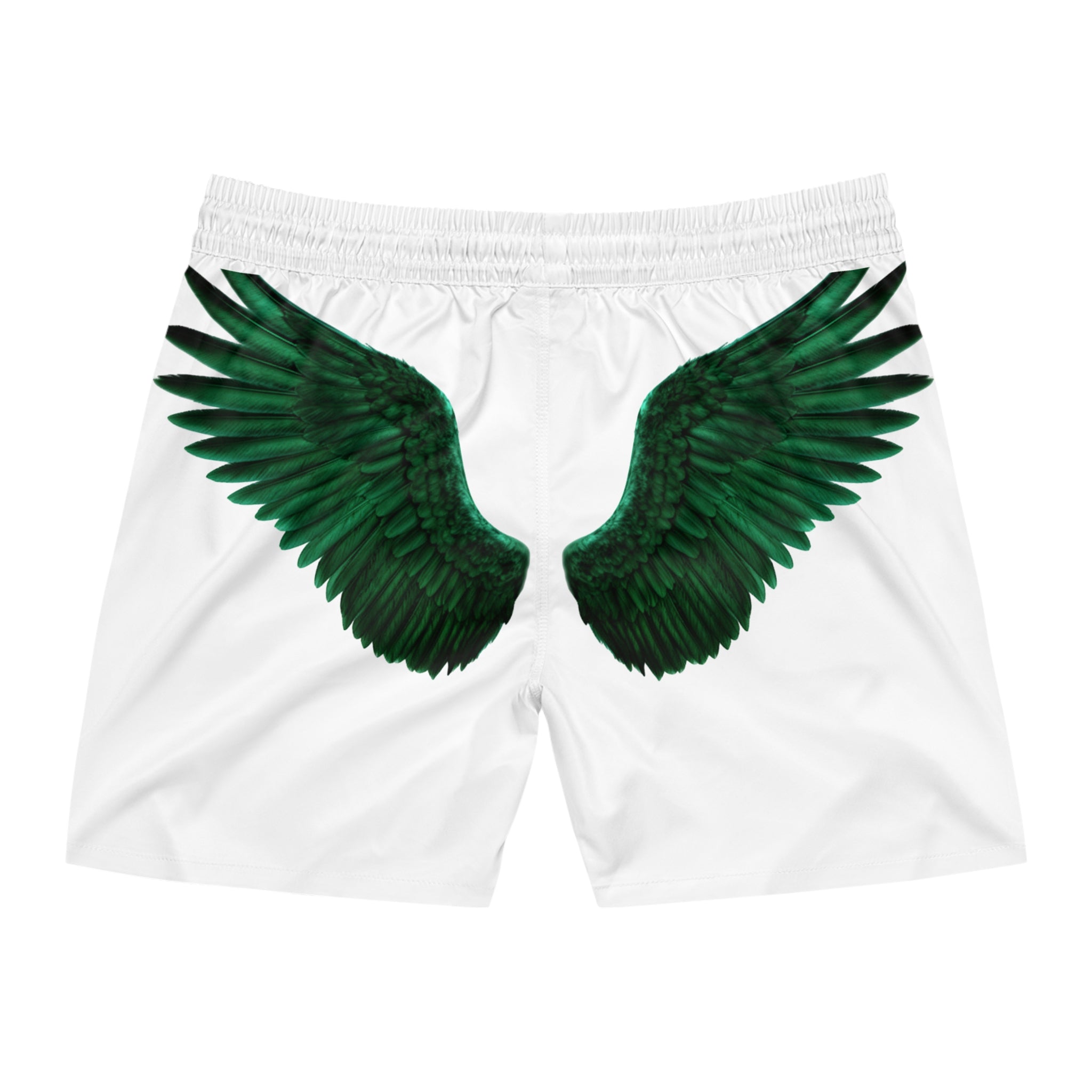 Emerald Flyer Swim Shorts – "Born To Fly" White Trunks with Green Wing Graphics