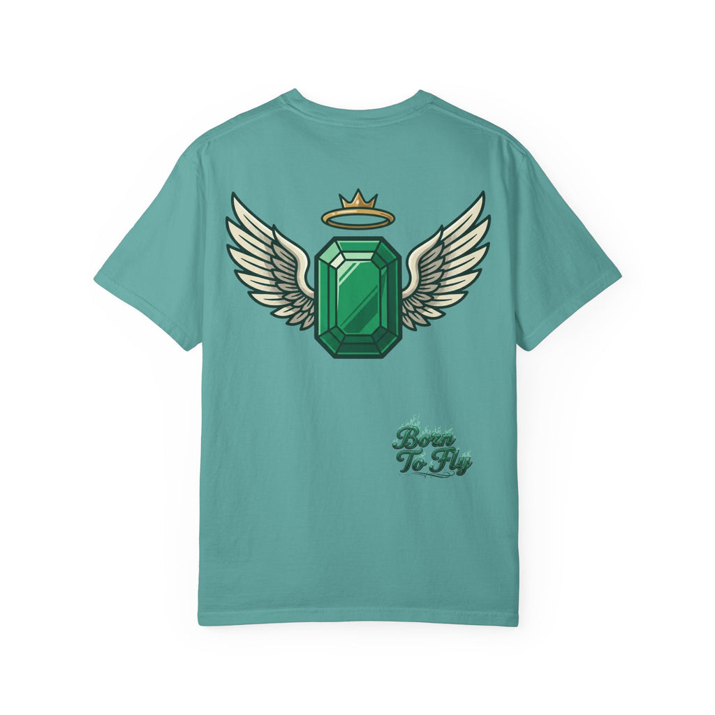 Emerald Flyer T-Shirt — "Born To Fly" Winged Emerald Graphic Tee
