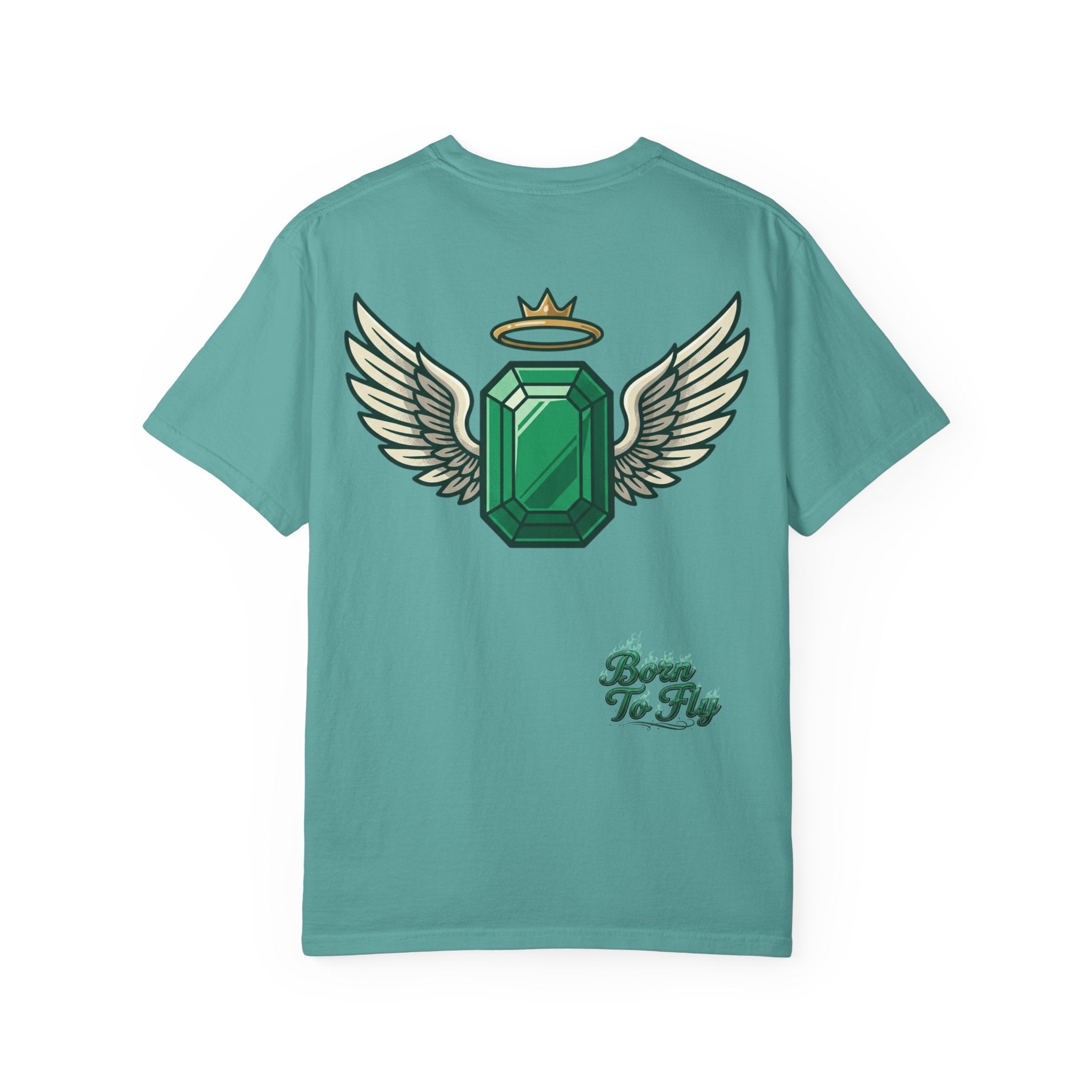 Emerald Flyer T-Shirt — "Born To Fly" Winged Emerald Graphic Tee