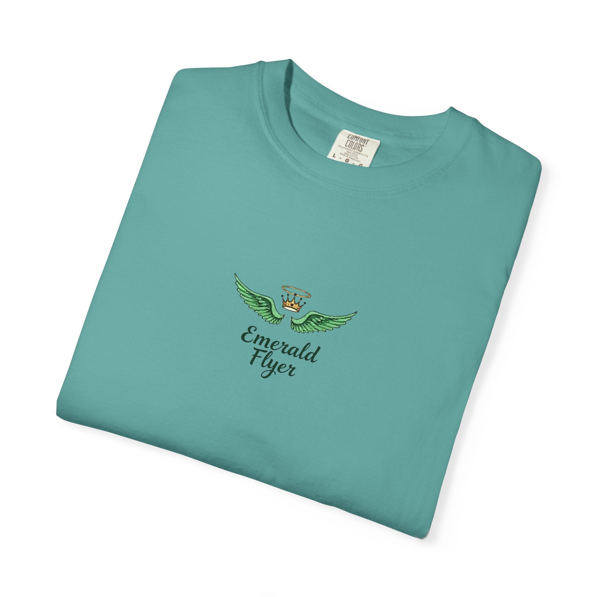 Emerald Tiger T‑Shirt — Green Winged Crown 'Born to Fly' Graphic Tee