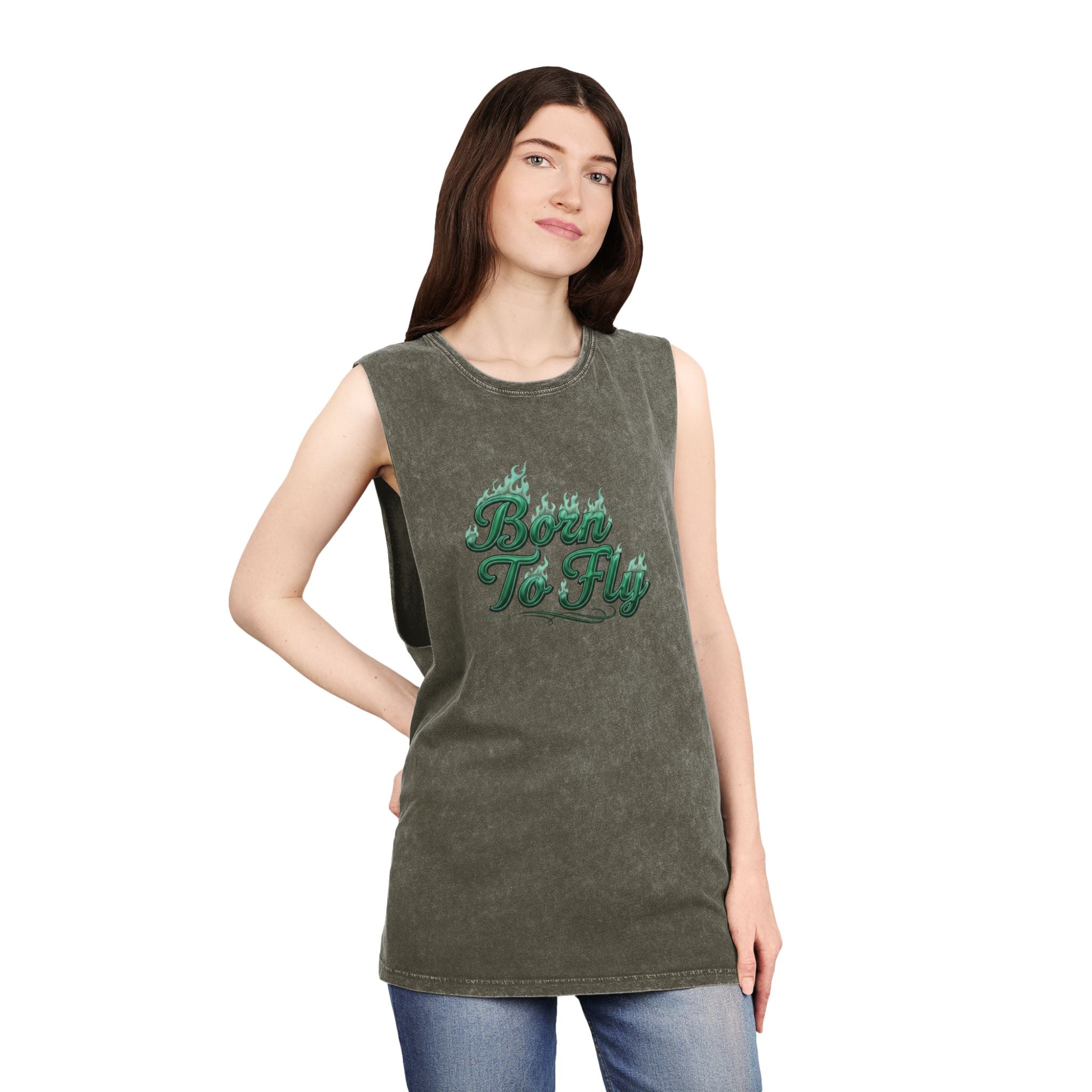 Born to Fly Tank Top — Green Angel Wings Stonewash Muscle Tee