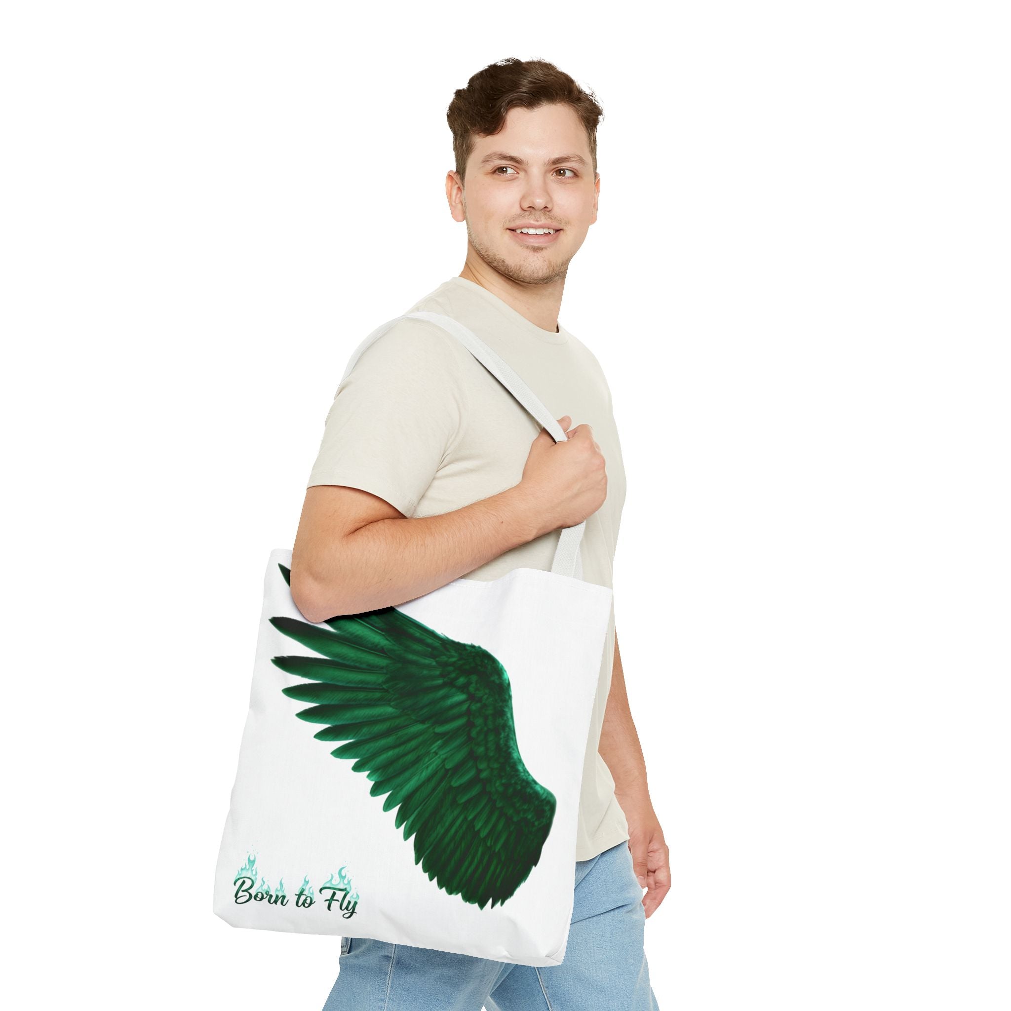 Emerald Wings Tote Bag — "Born to Fly" / "Emerald Flyer" Printed Tote