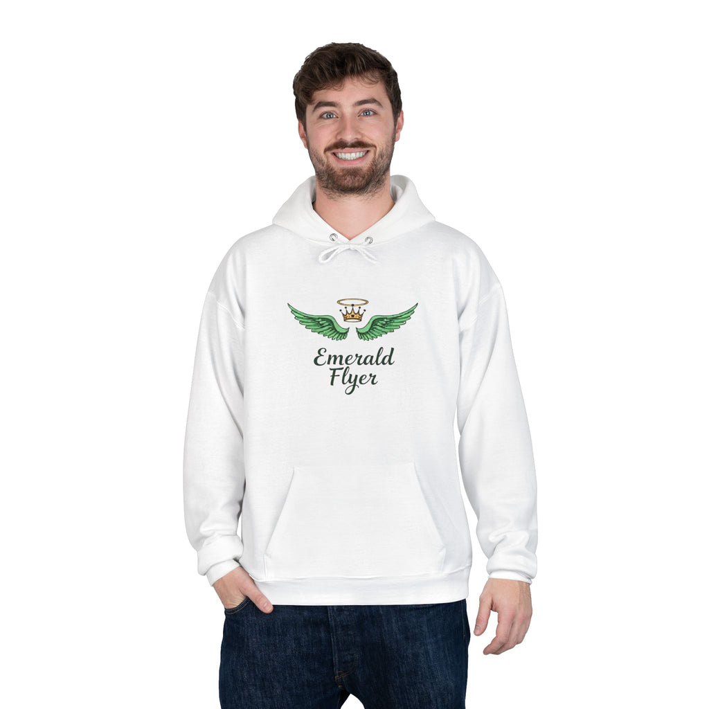 Emerald Flyer Hoodie — Green Winged Crown Graphic Pullover