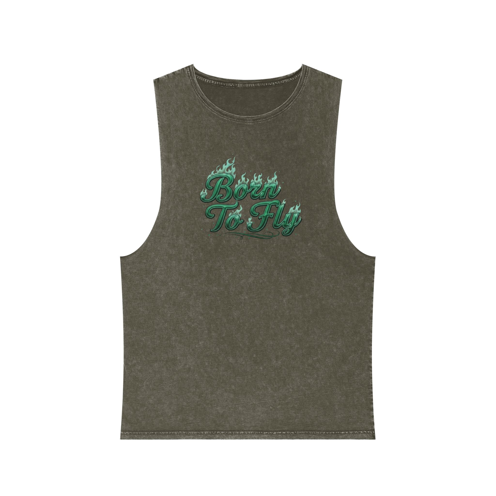 Born to Fly Tank Top — Green Angel Wings Stonewash Muscle Tee