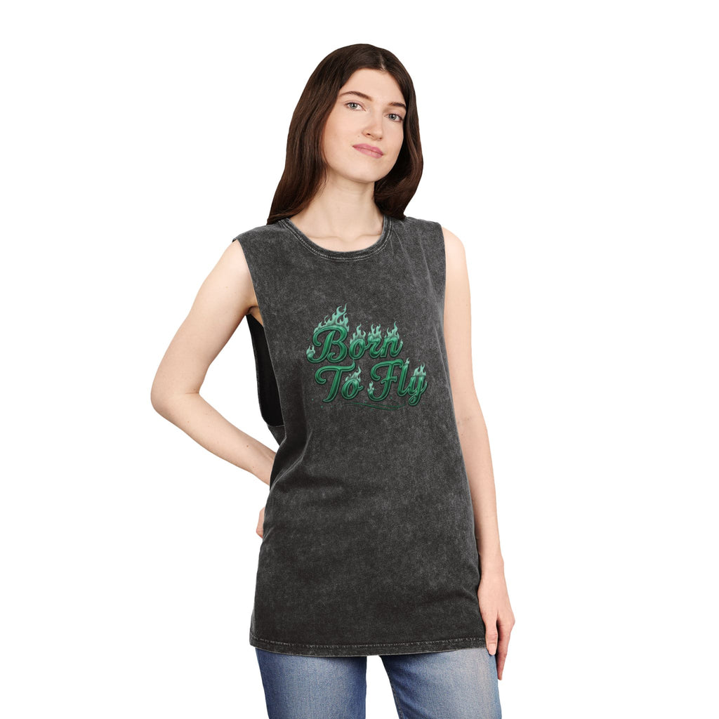 Born to Fly Tank Top — Green Angel Wings Stonewash Muscle Tee