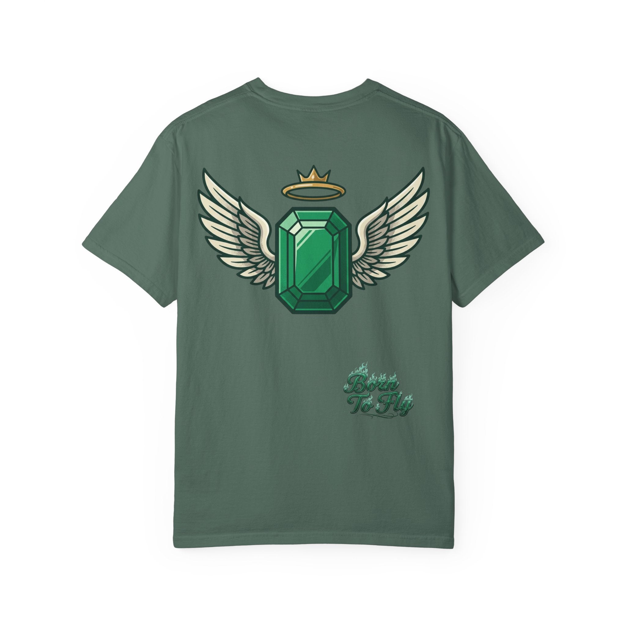 Emerald Flyer T-Shirt — "Born To Fly" Winged Emerald Graphic Tee