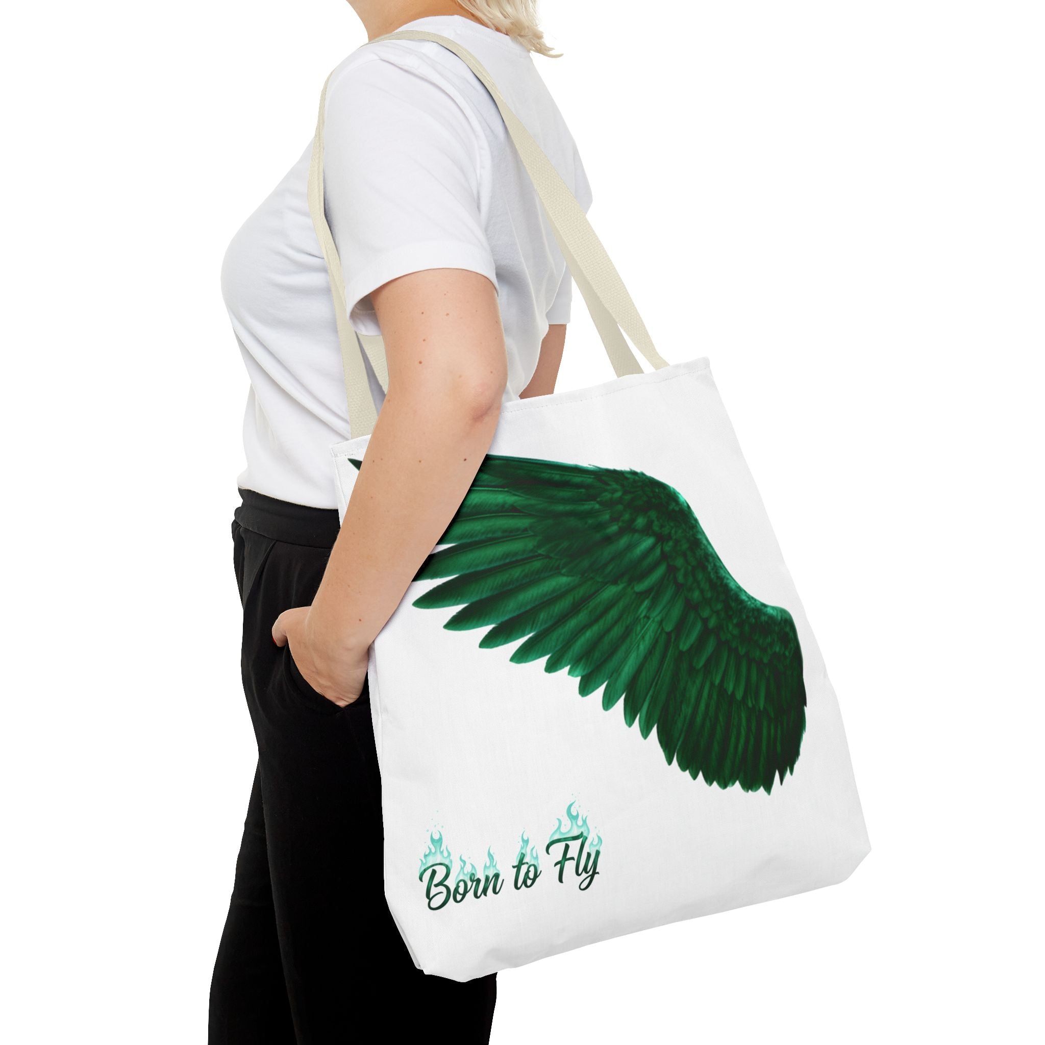 Emerald Wings Tote Bag — "Born to Fly" / "Emerald Flyer" Printed Tote
