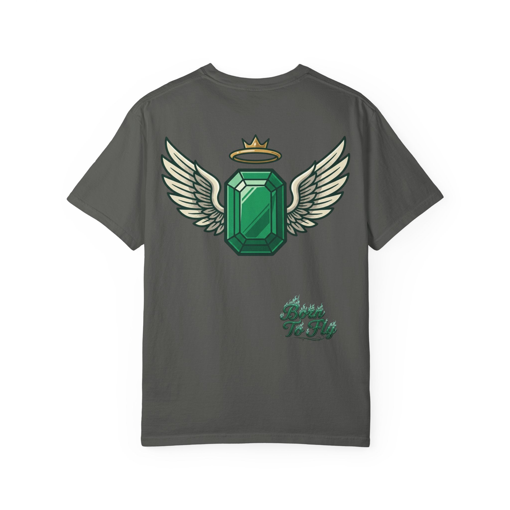 Emerald Flyer T-Shirt — "Born To Fly" Winged Emerald Graphic Tee