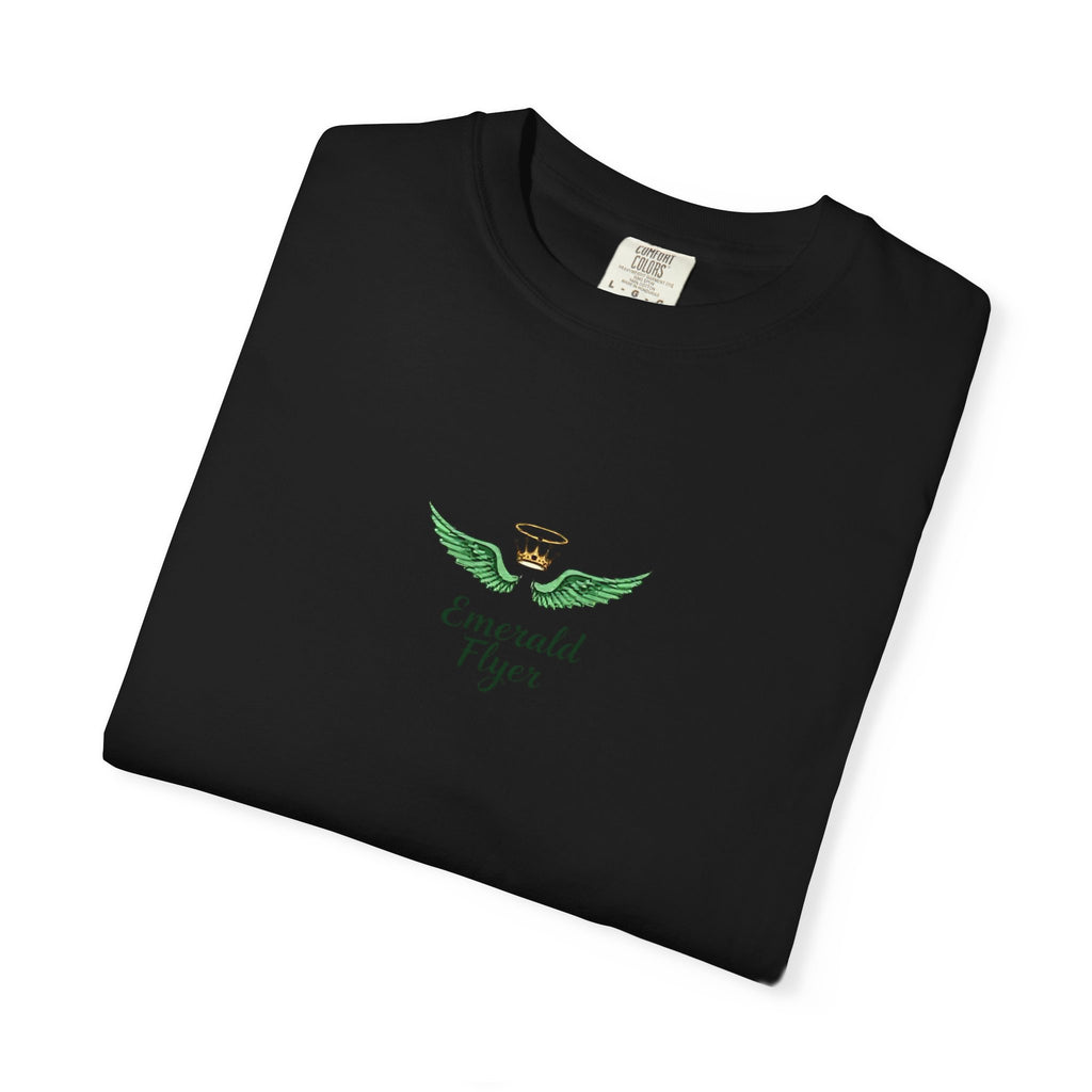 Emerald Tiger T‑Shirt — Green Winged Crown 'Born to Fly' Graphic Tee