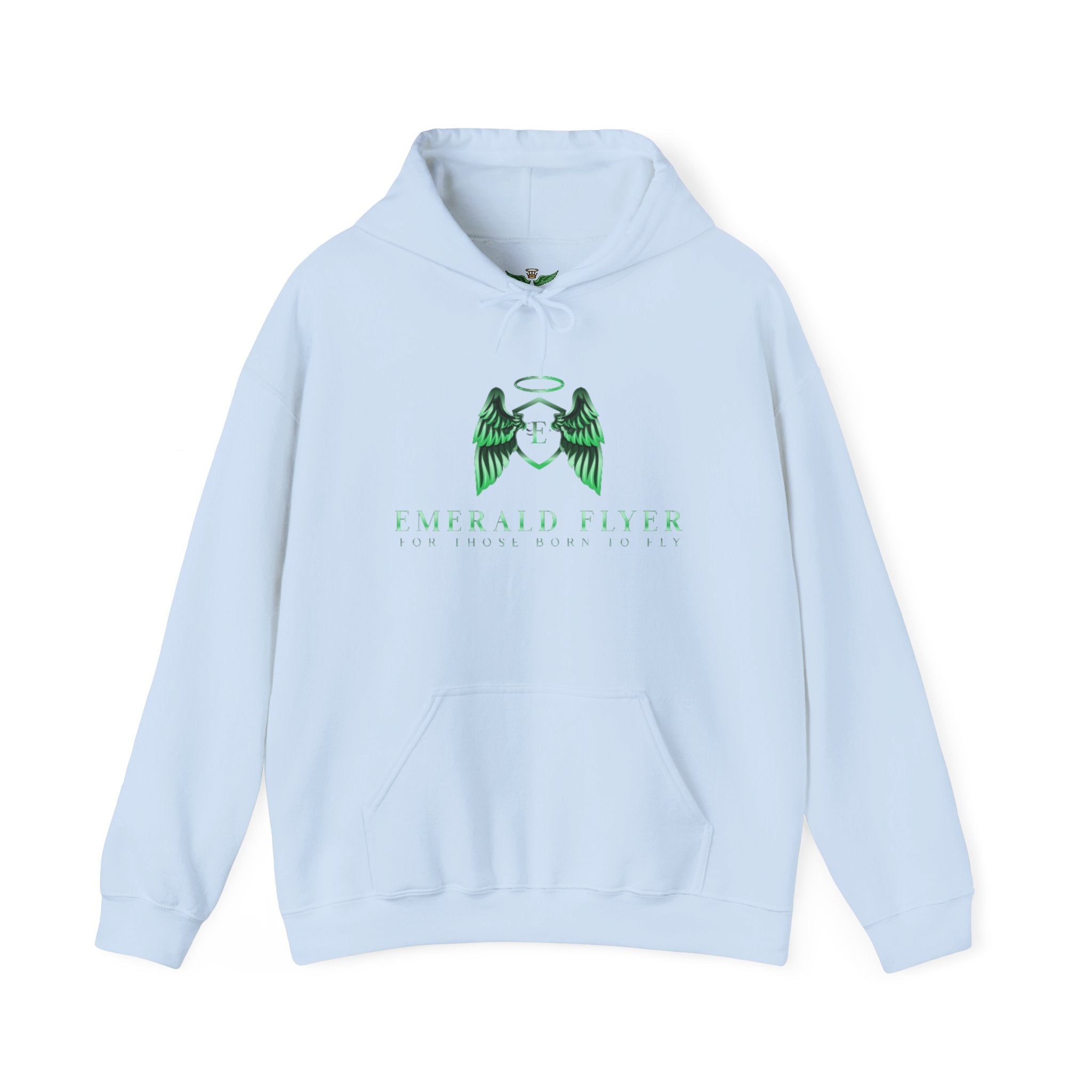 Emerald Flyer Hoodie — Green Angel Wings Pullover with 'Born to Fly' Sleeve
