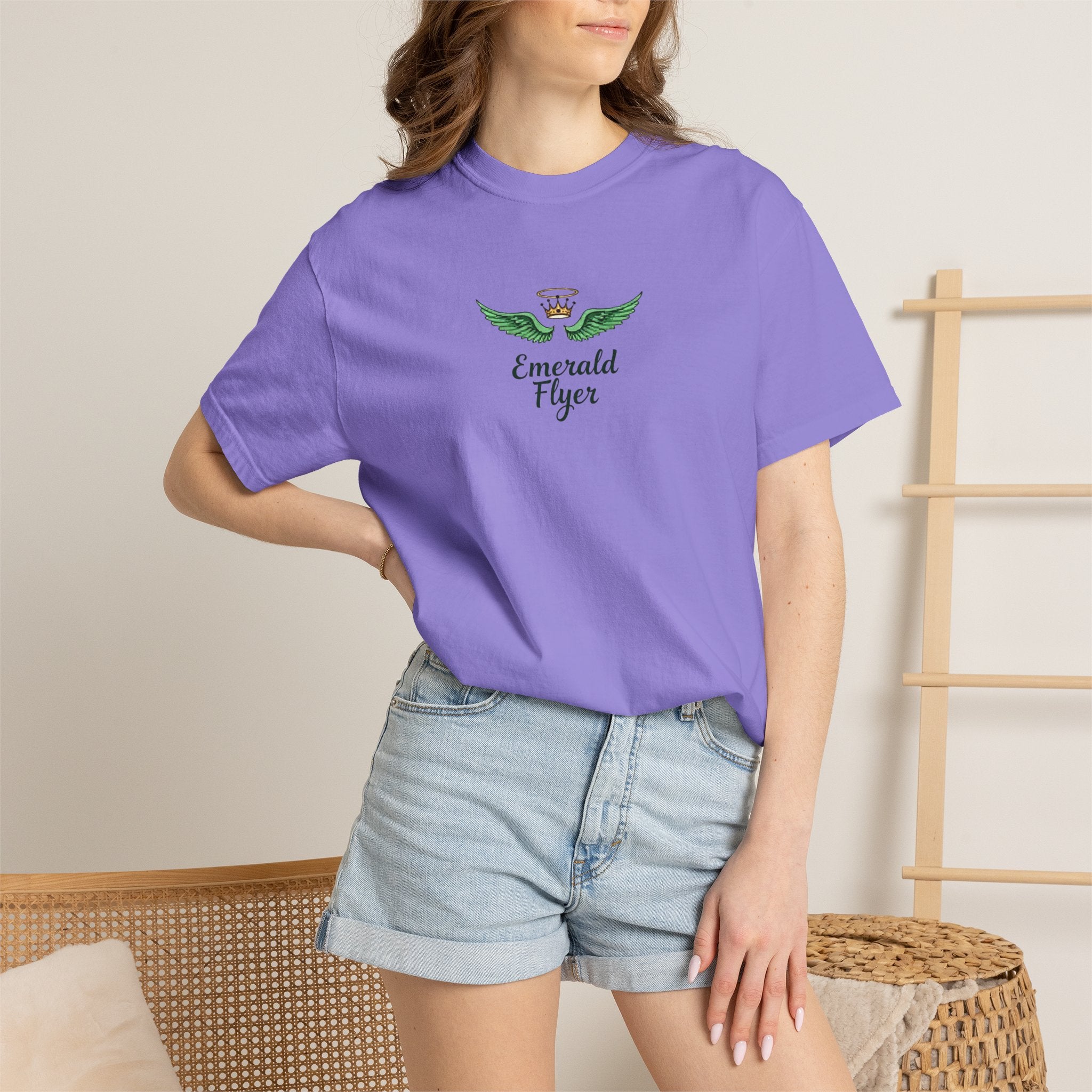 Emerald Flyer T-Shirt – 'Born to Fly' Winged Crown Graphic Tee