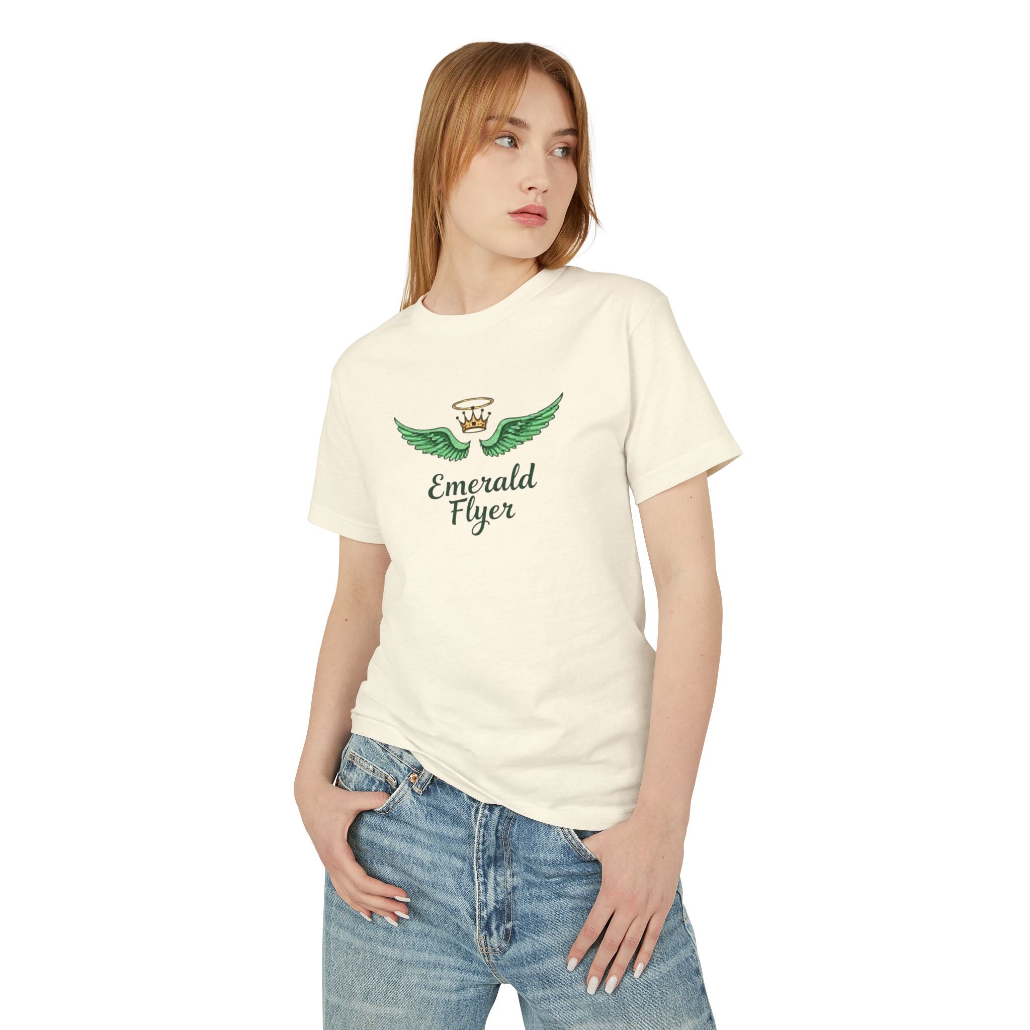 Emerald Flyer Tee — 'Emerald Flyer' Wings Graphic Cotton T-Shirt