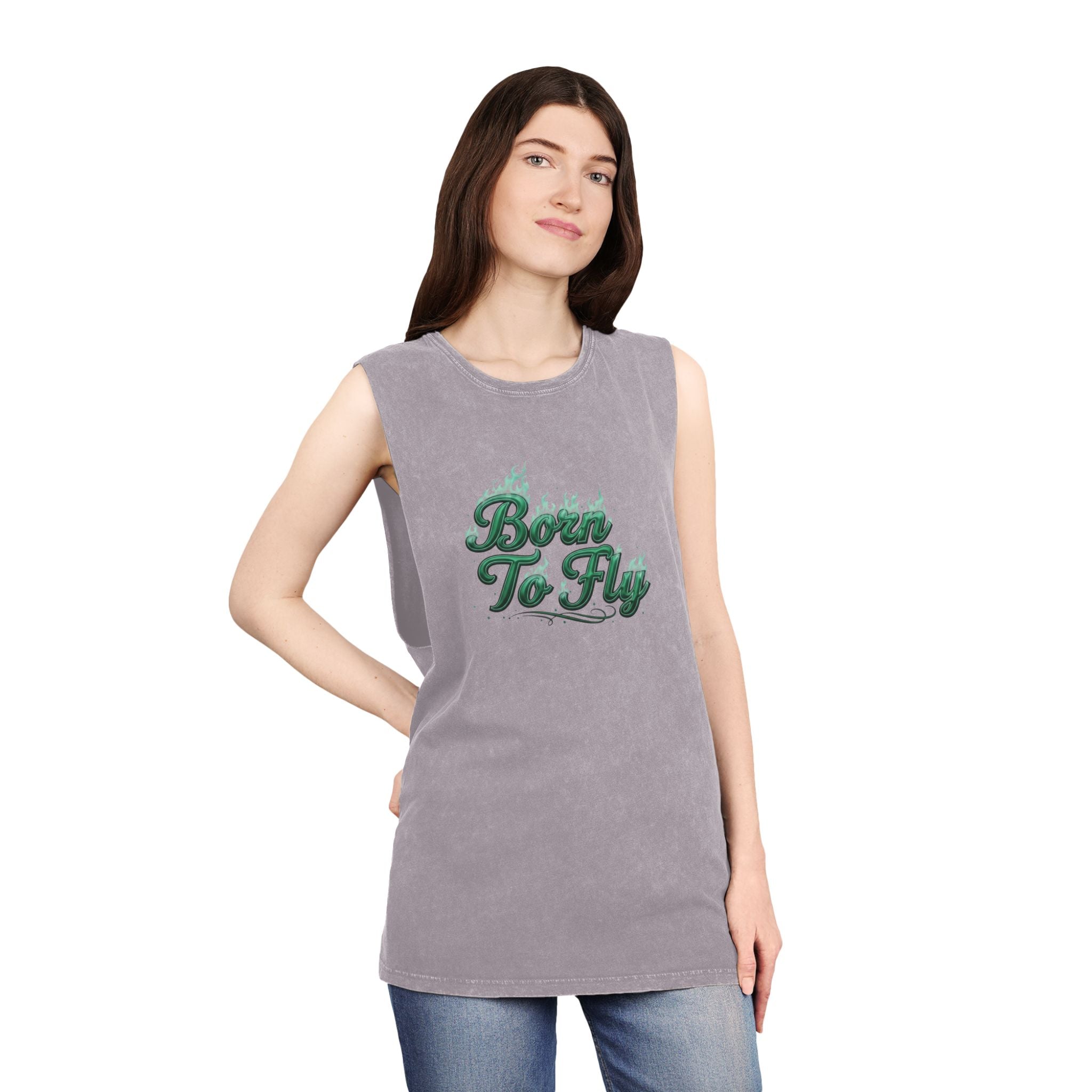 Born to Fly Tank Top — Green Angel Wings Stonewash Muscle Tee