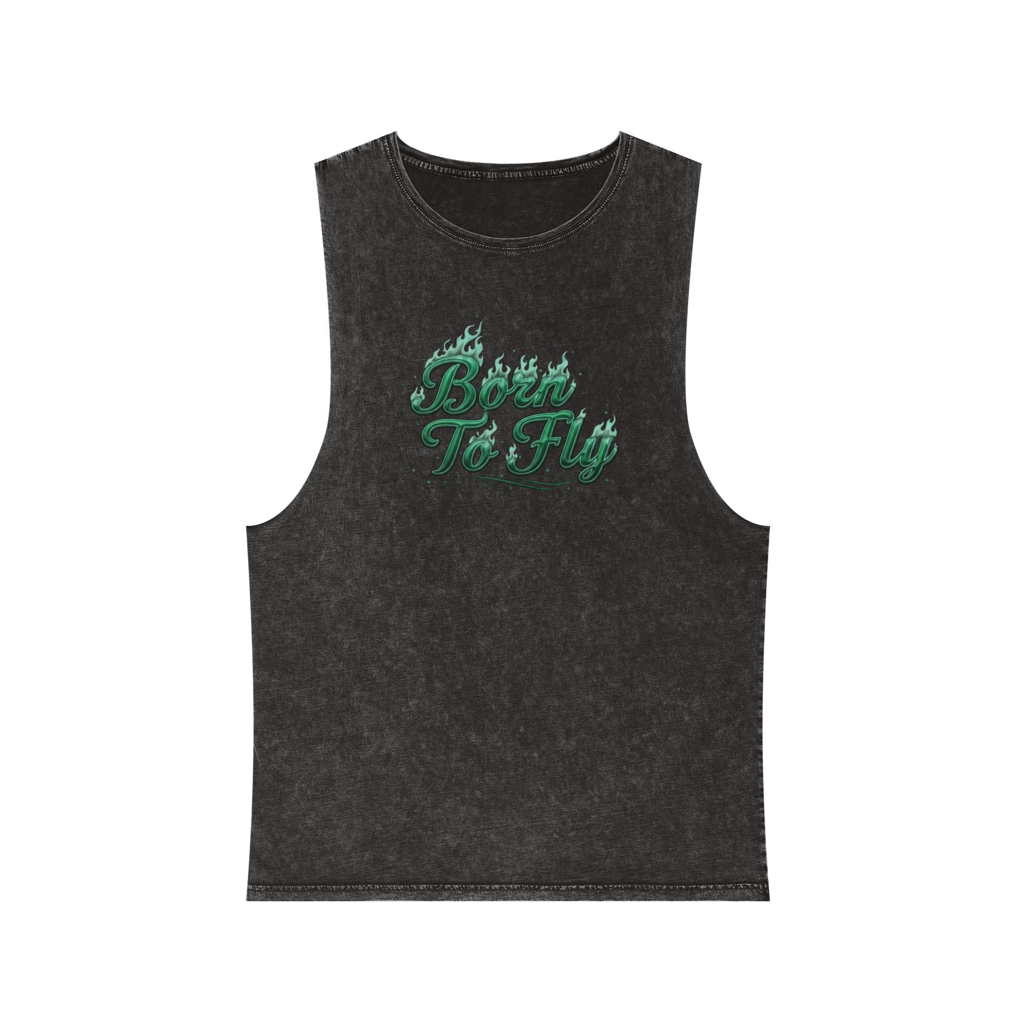 Born to Fly Tank Top — Green Angel Wings Stonewash Muscle Tee
