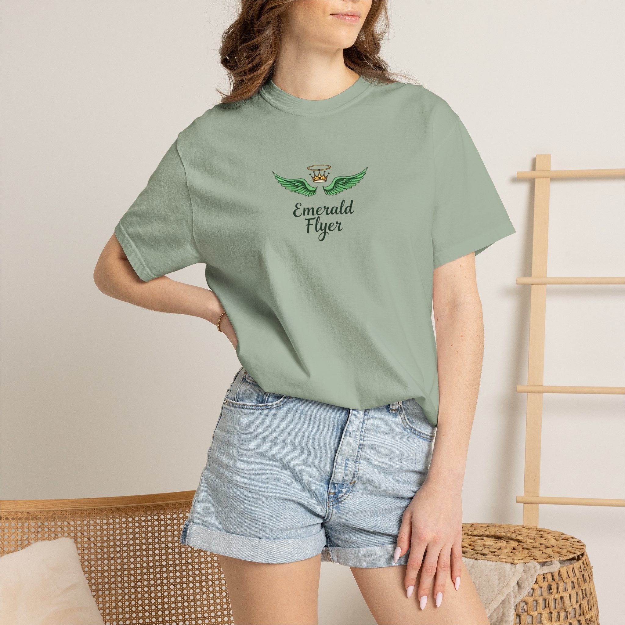 Emerald Flyer T-Shirt – 'Born to Fly' Winged Crown Graphic Tee