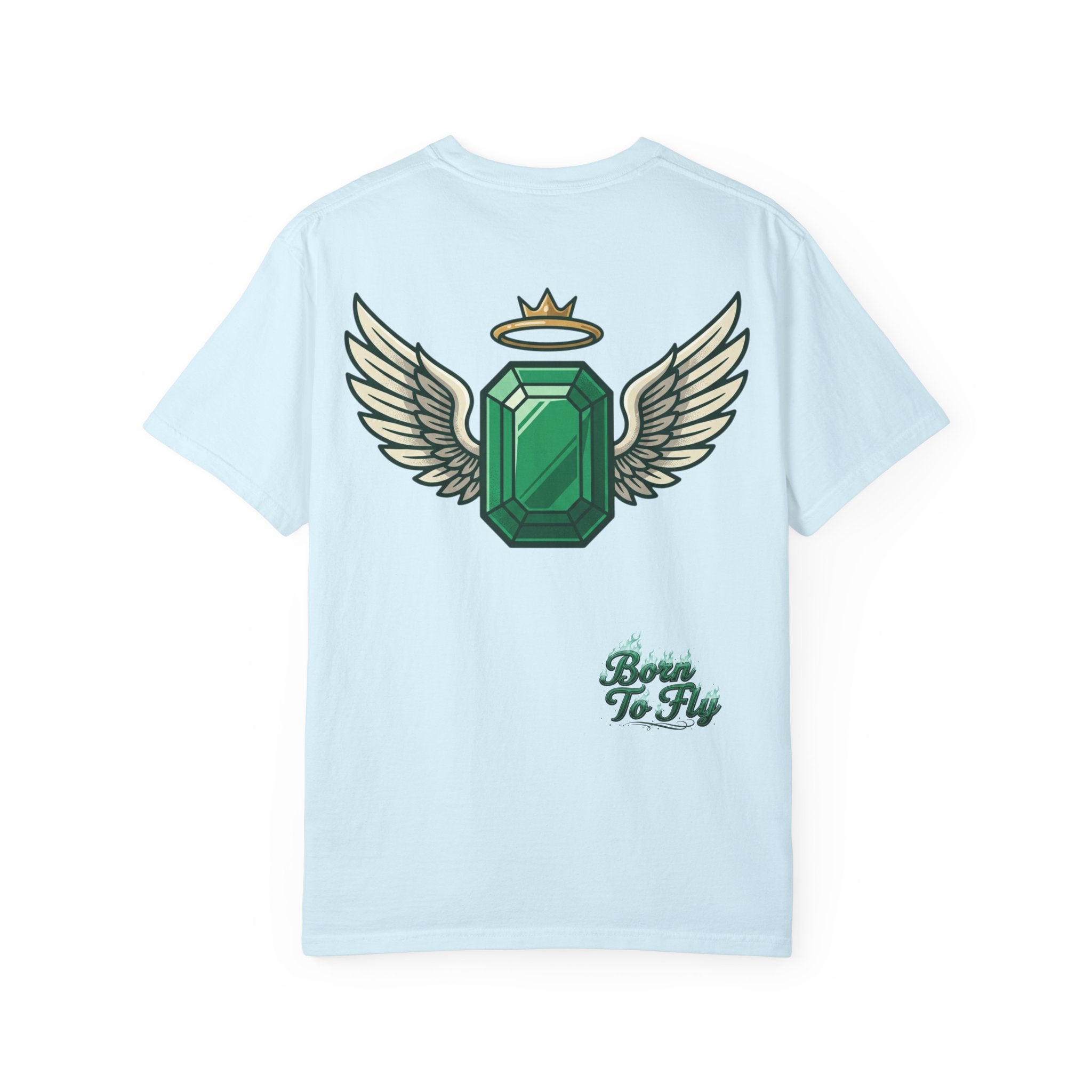Emerald Flyer T-Shirt — "Born To Fly" Winged Emerald Graphic Tee