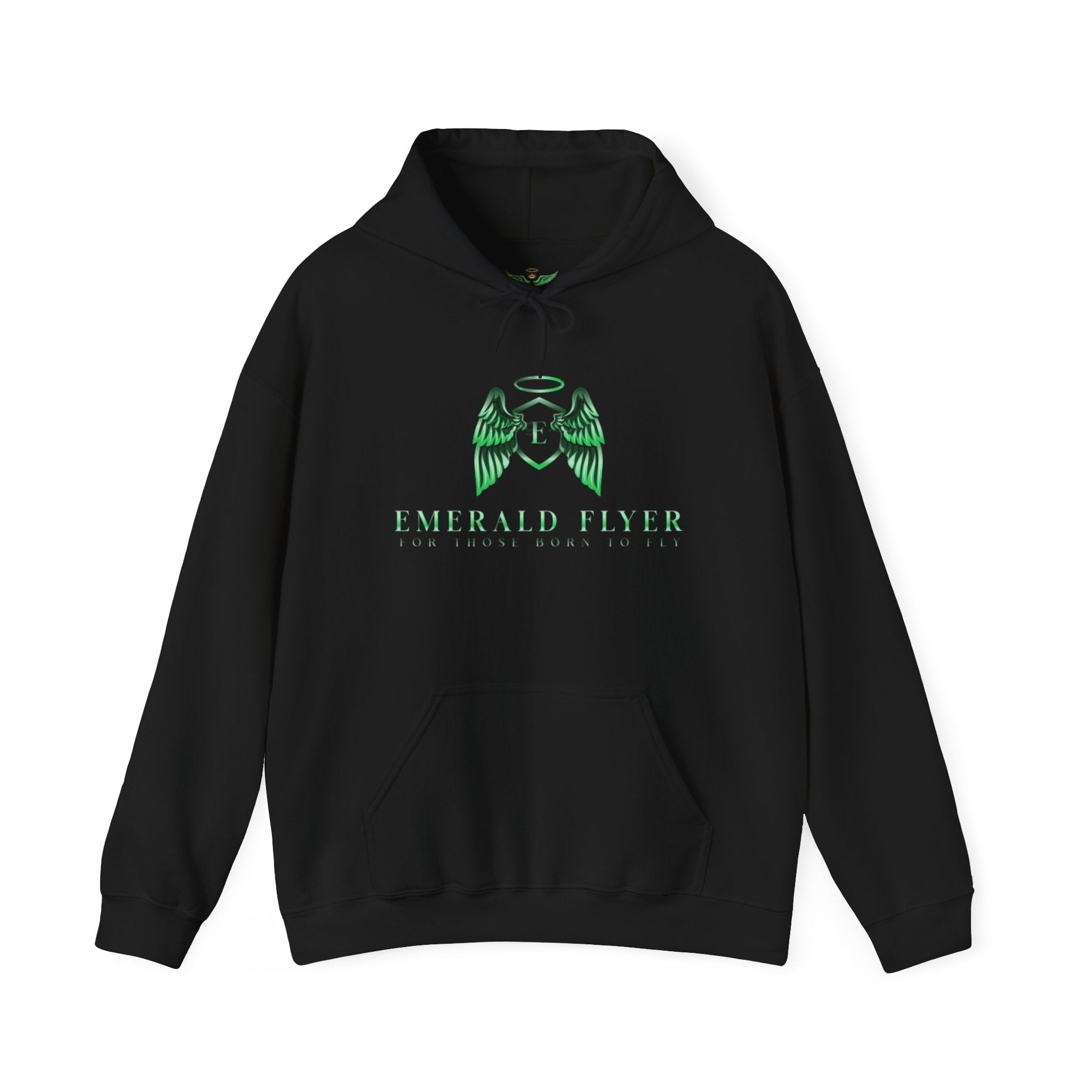 Emerald Flyer Hoodie — Green Angel Wings Pullover with 'Born to Fly' Sleeve