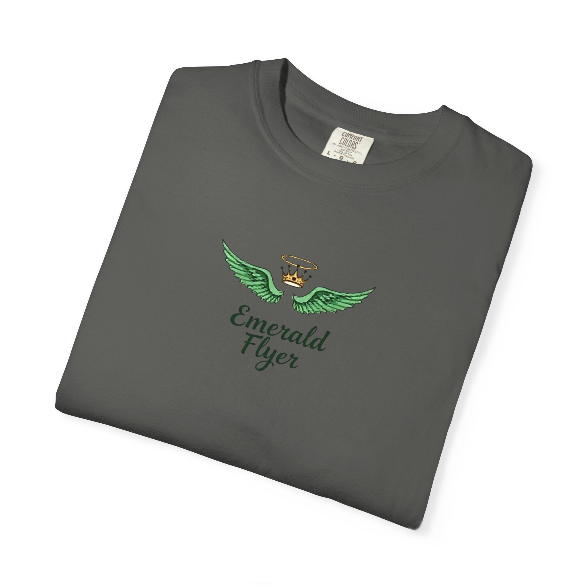 Emerald Flyer T-Shirt – 'Born to Fly' Winged Crown Graphic Tee