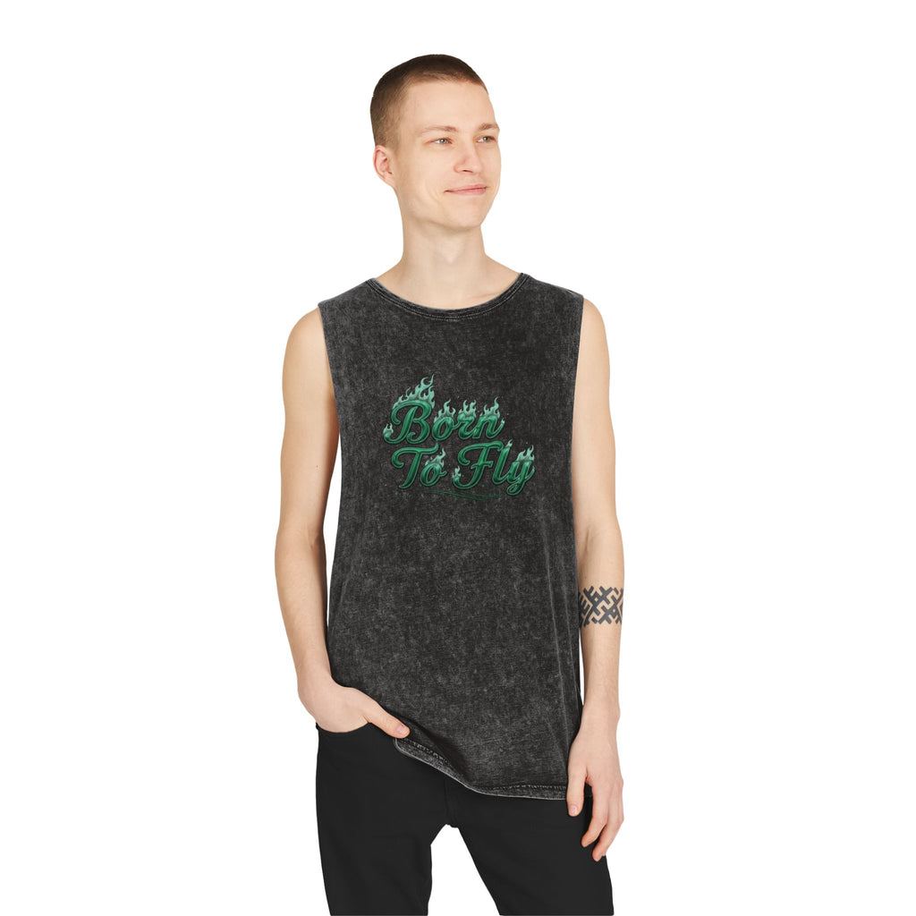Born to Fly Tank Top — Green Angel Wings Stonewash Muscle Tee