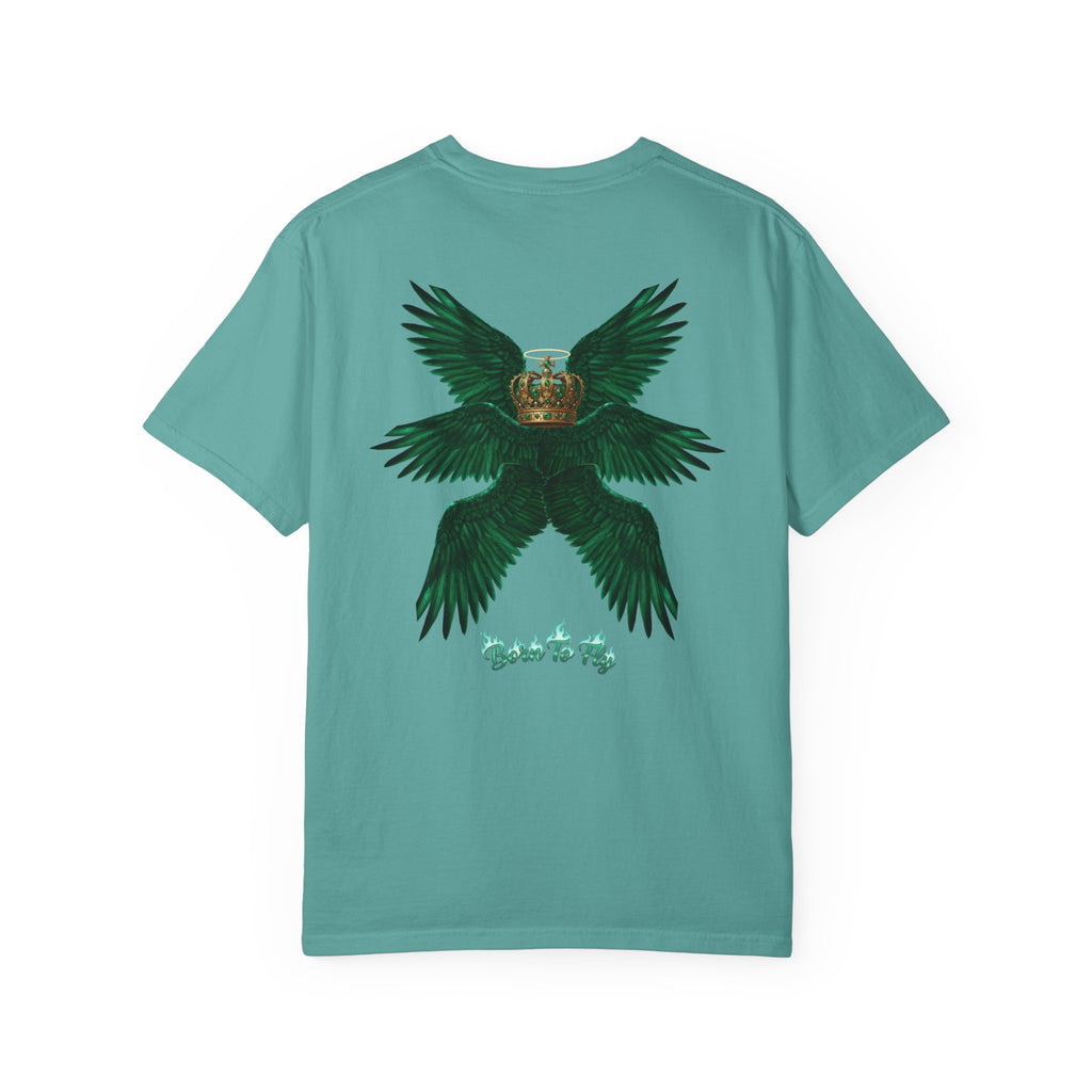 Emerald Tiger T‑Shirt — Green Winged Crown 'Born to Fly' Graphic Tee