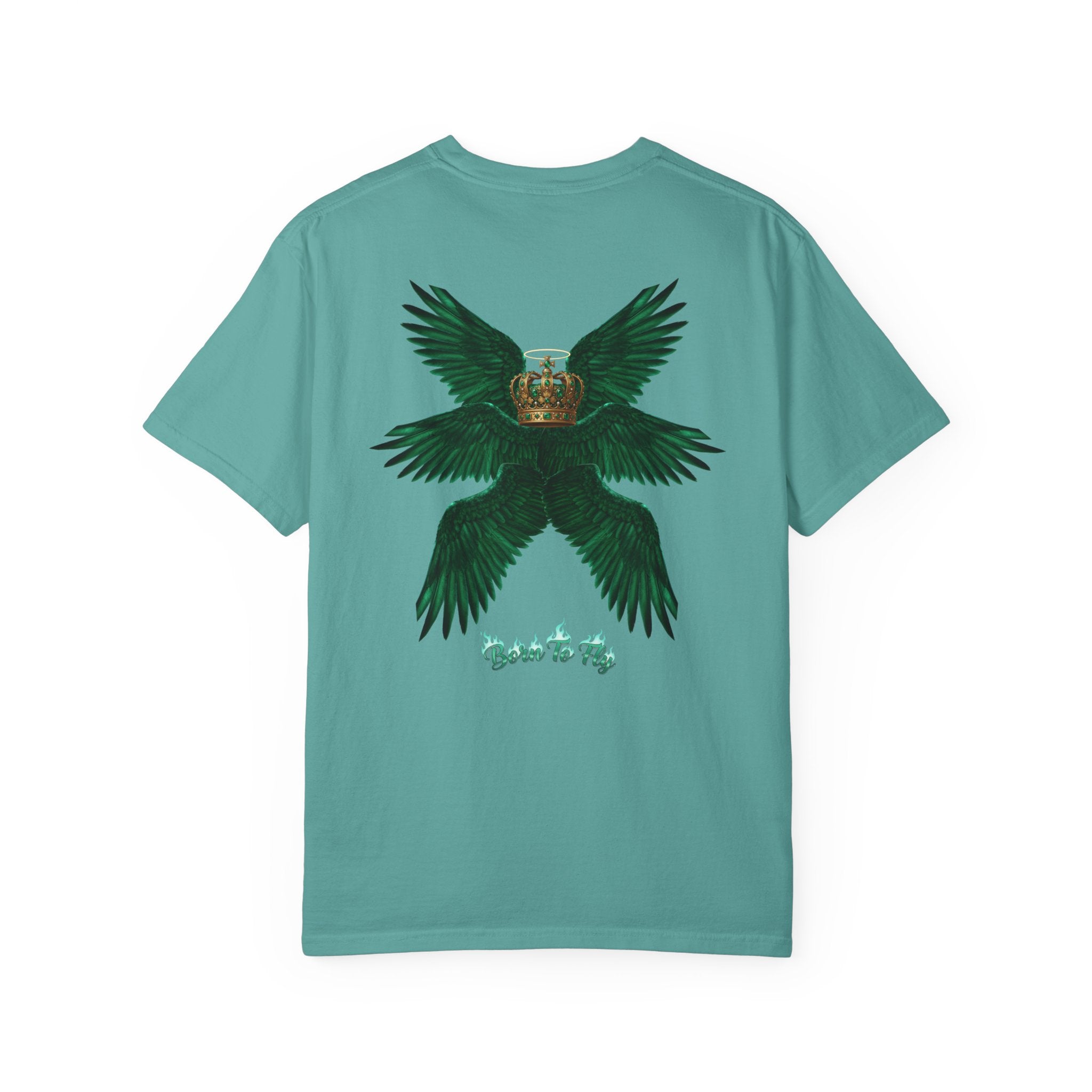 Emerald Tiger T‑Shirt — Green Winged Crown 'Born to Fly' Graphic Tee