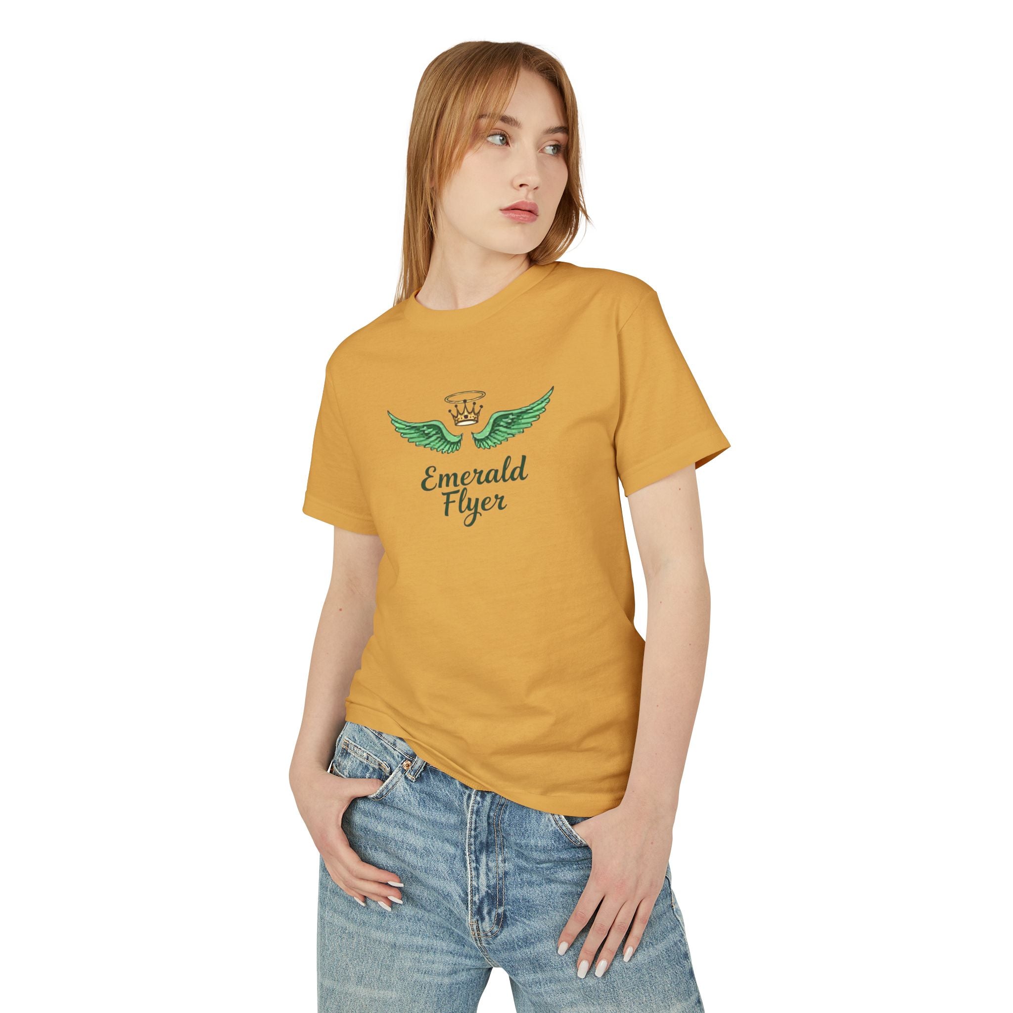 Emerald Flyer Tee — 'Emerald Flyer' Wings Graphic Cotton T-Shirt