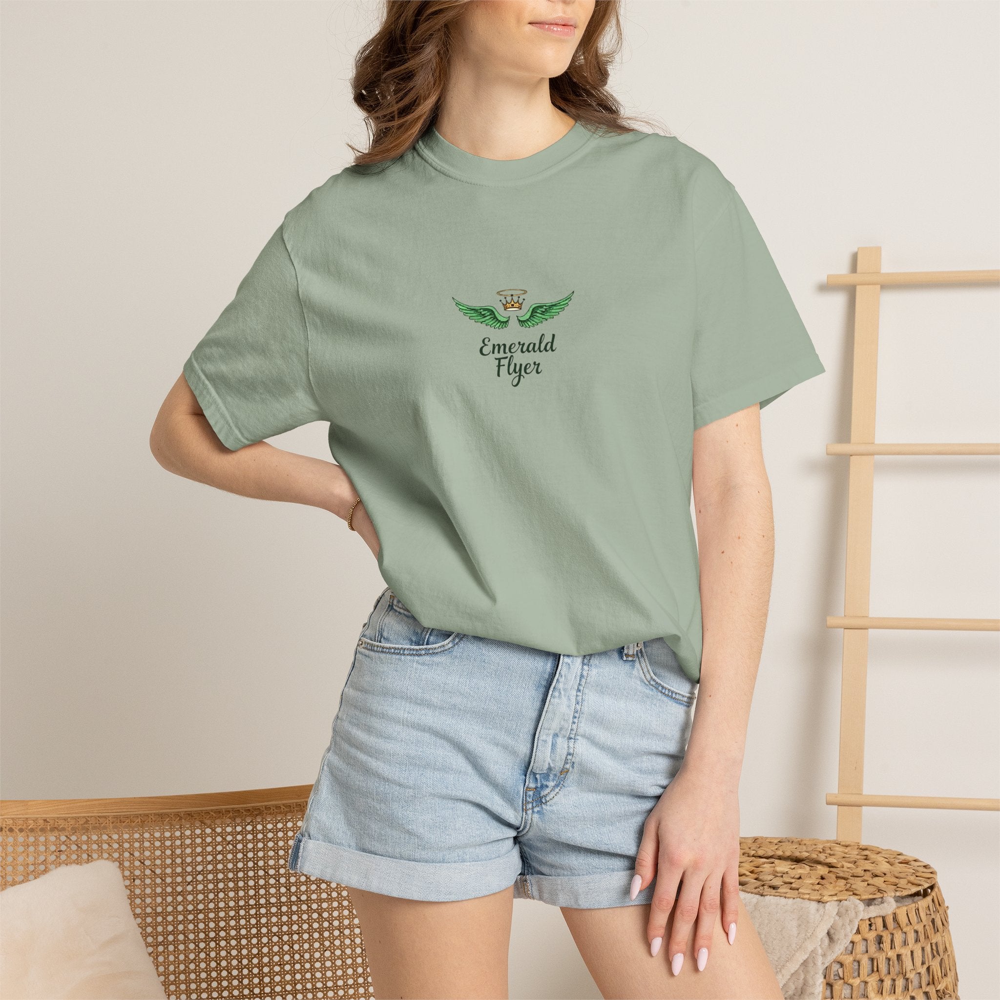 Emerald Tiger T‑Shirt — Green Winged Crown 'Born to Fly' Graphic Tee