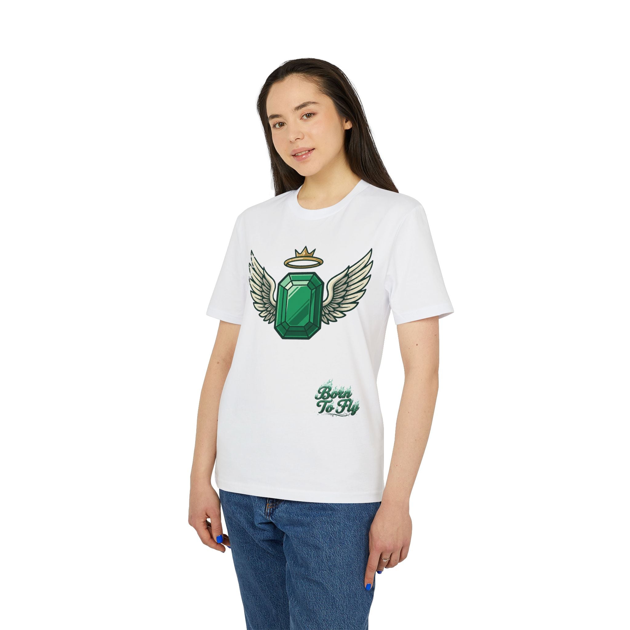 Emerald Flyer T-Shirt — Winged Gem Graphic "Born To Fly"