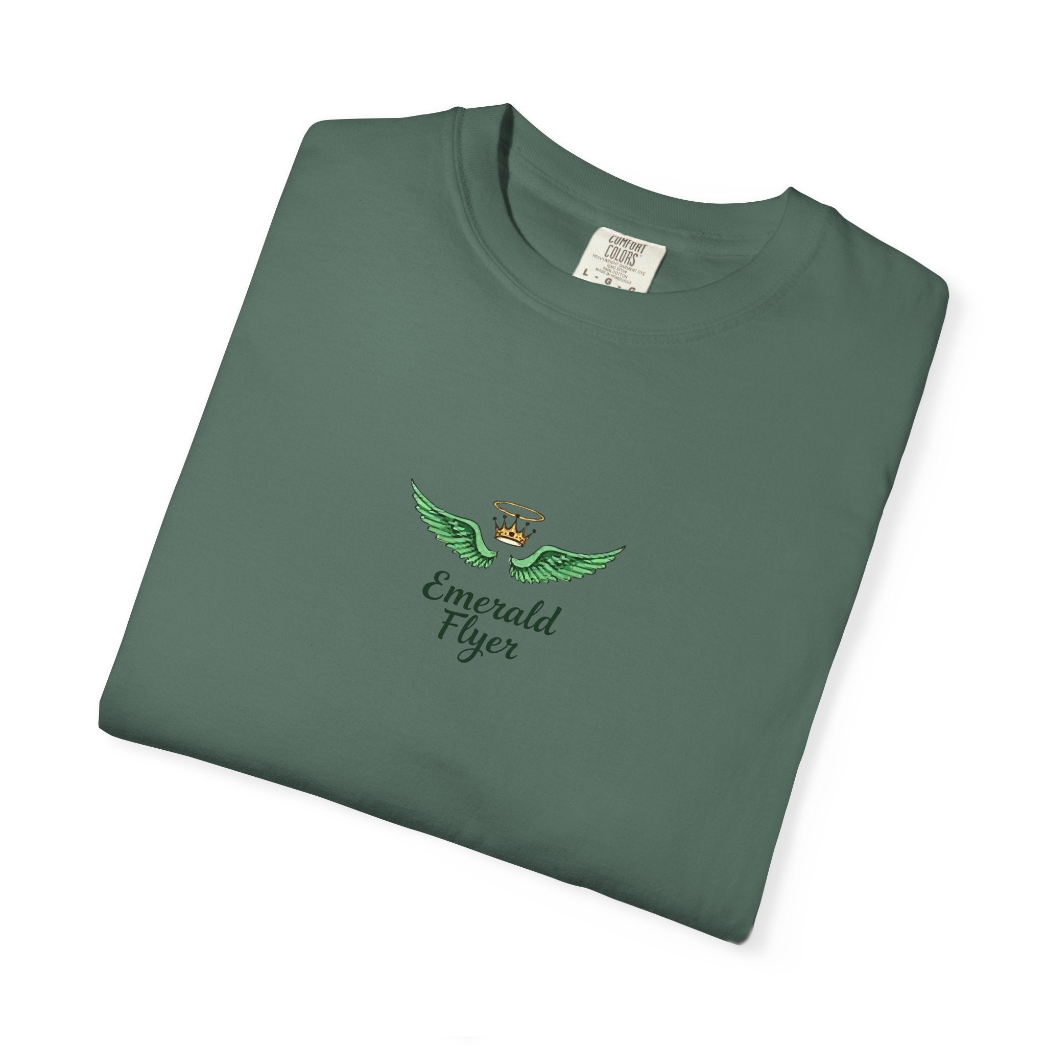 Emerald Tiger T‑Shirt — Green Winged Crown 'Born to Fly' Graphic Tee