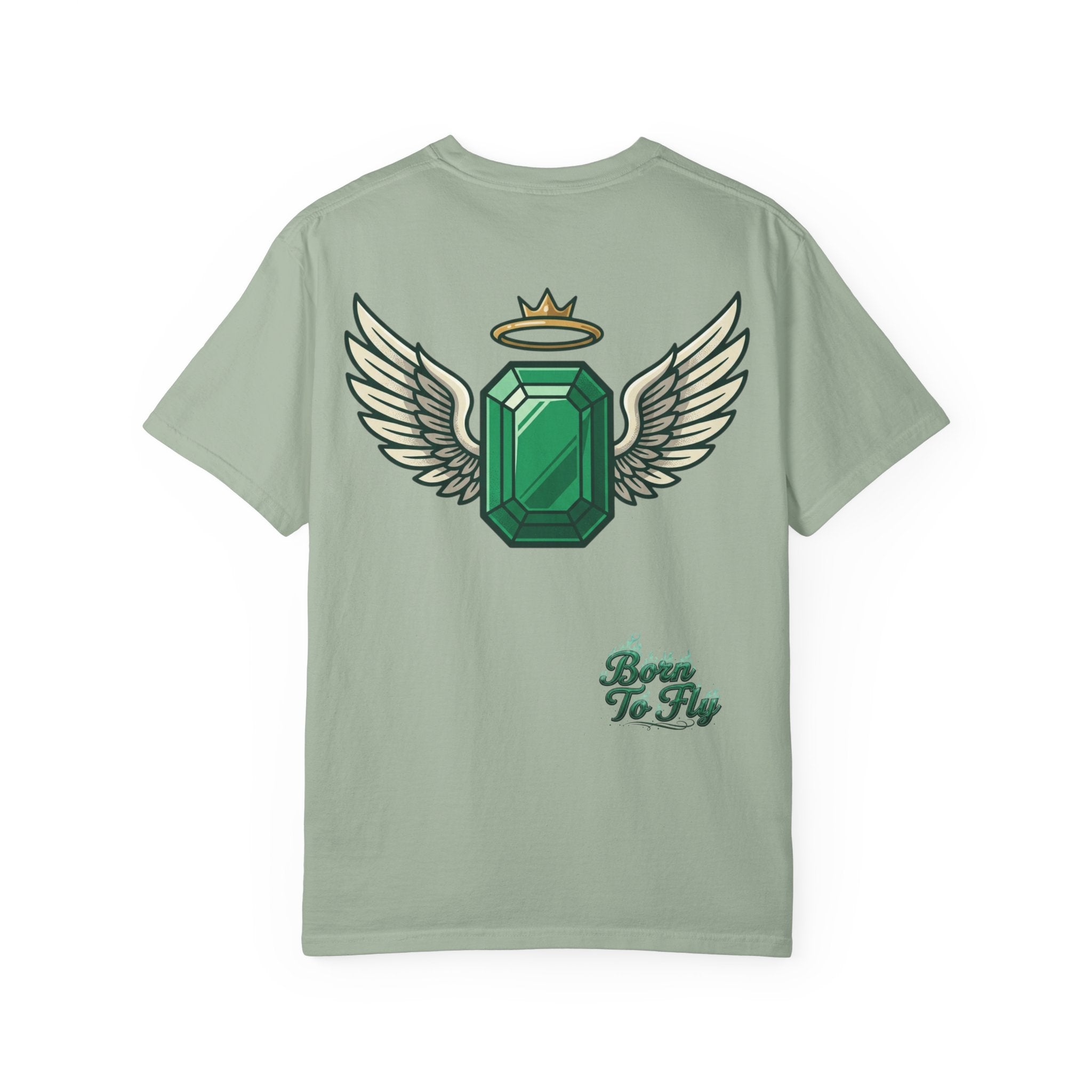 Emerald Flyer T-Shirt — "Born To Fly" Winged Emerald Graphic Tee