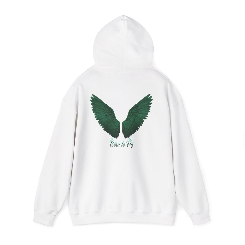 Emerald Flyer Hoodie — Green Angel Wings Pullover with 'Born to Fly' Sleeve