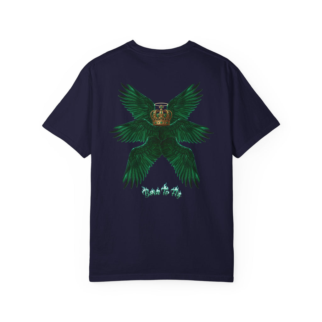 Emerald Tiger T‑Shirt — Green Winged Crown 'Born to Fly' Graphic Tee