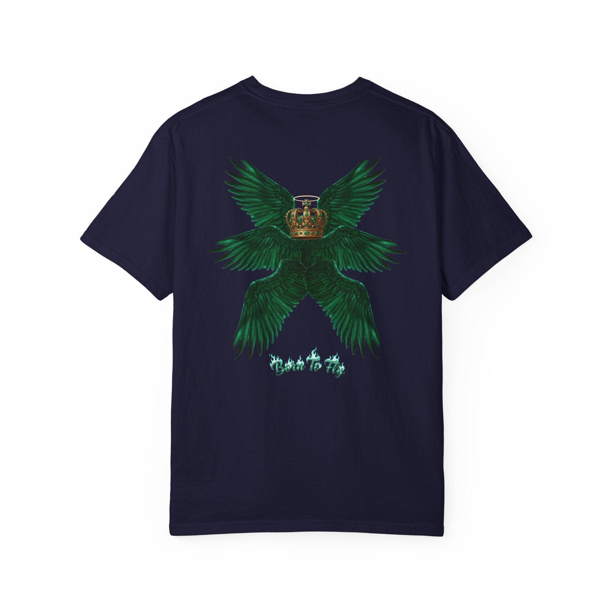 Emerald Tiger T‑Shirt — Green Winged Crown 'Born to Fly' Graphic Tee