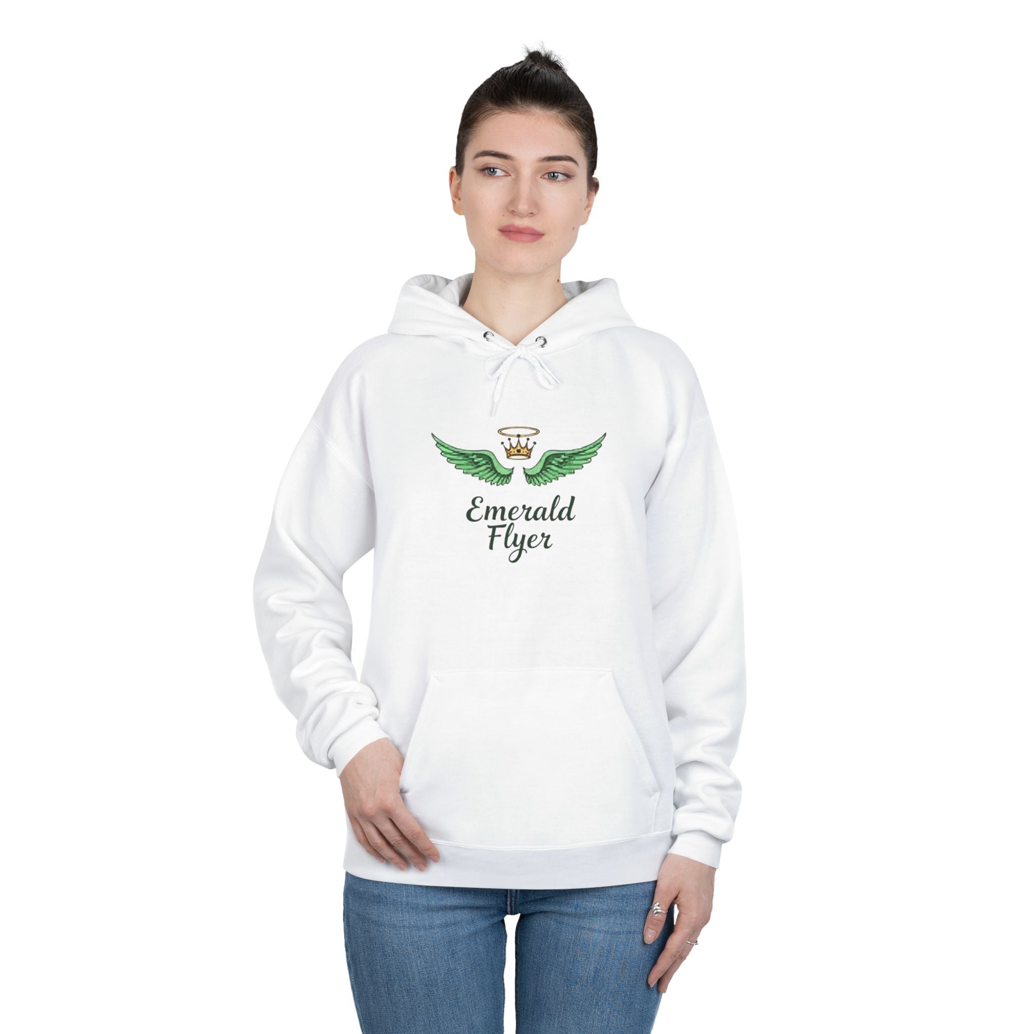 Emerald Flyer Hoodie — Green Winged Crown Graphic Pullover