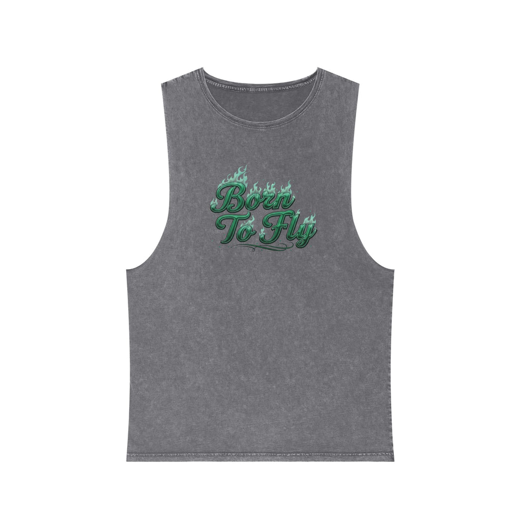Born to Fly Tank Top — Green Angel Wings Stonewash Muscle Tee