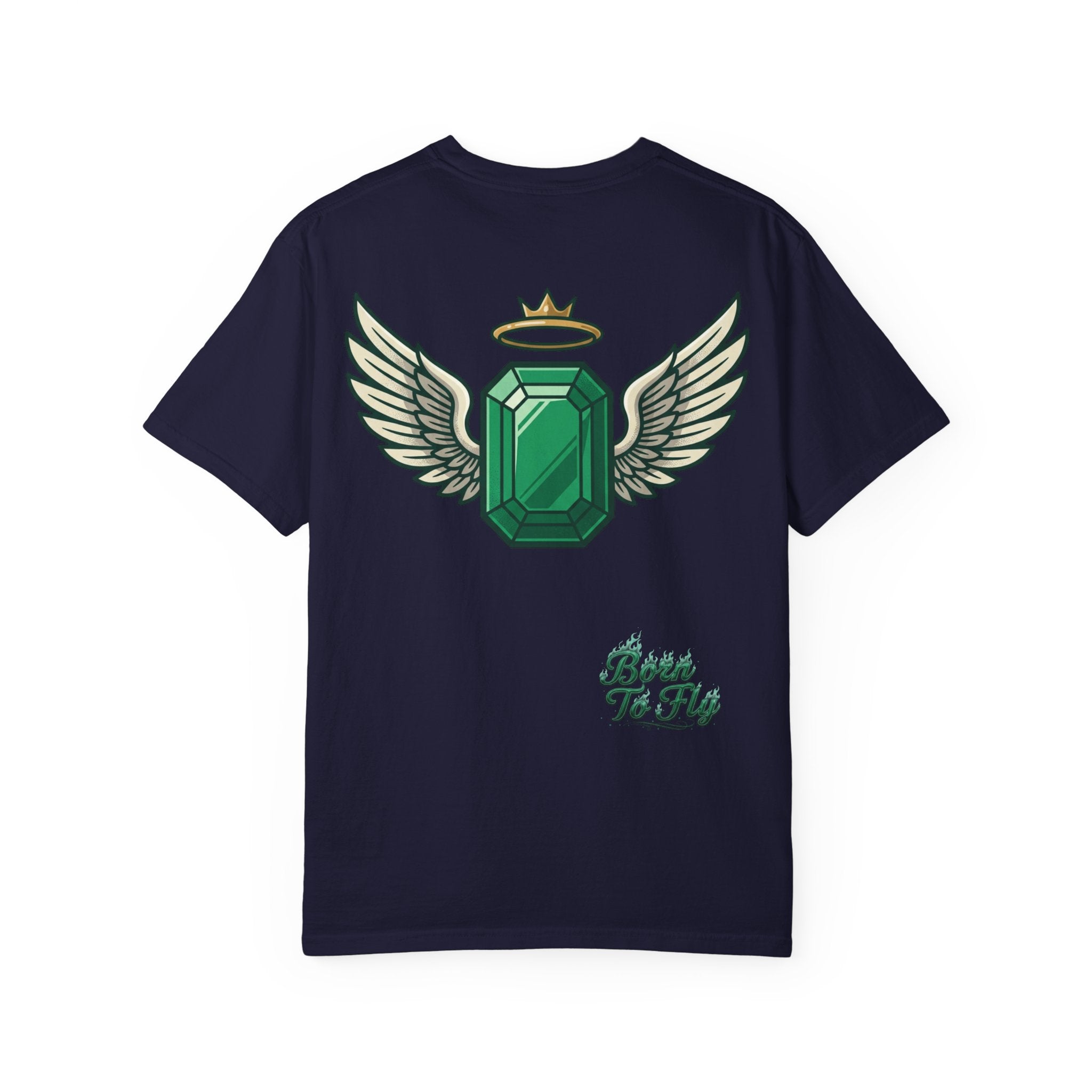 Emerald Flyer T-Shirt — "Born To Fly" Winged Emerald Graphic Tee
