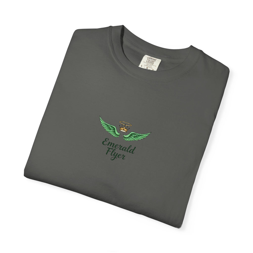 Emerald Tiger T‑Shirt — Green Winged Crown 'Born to Fly' Graphic Tee