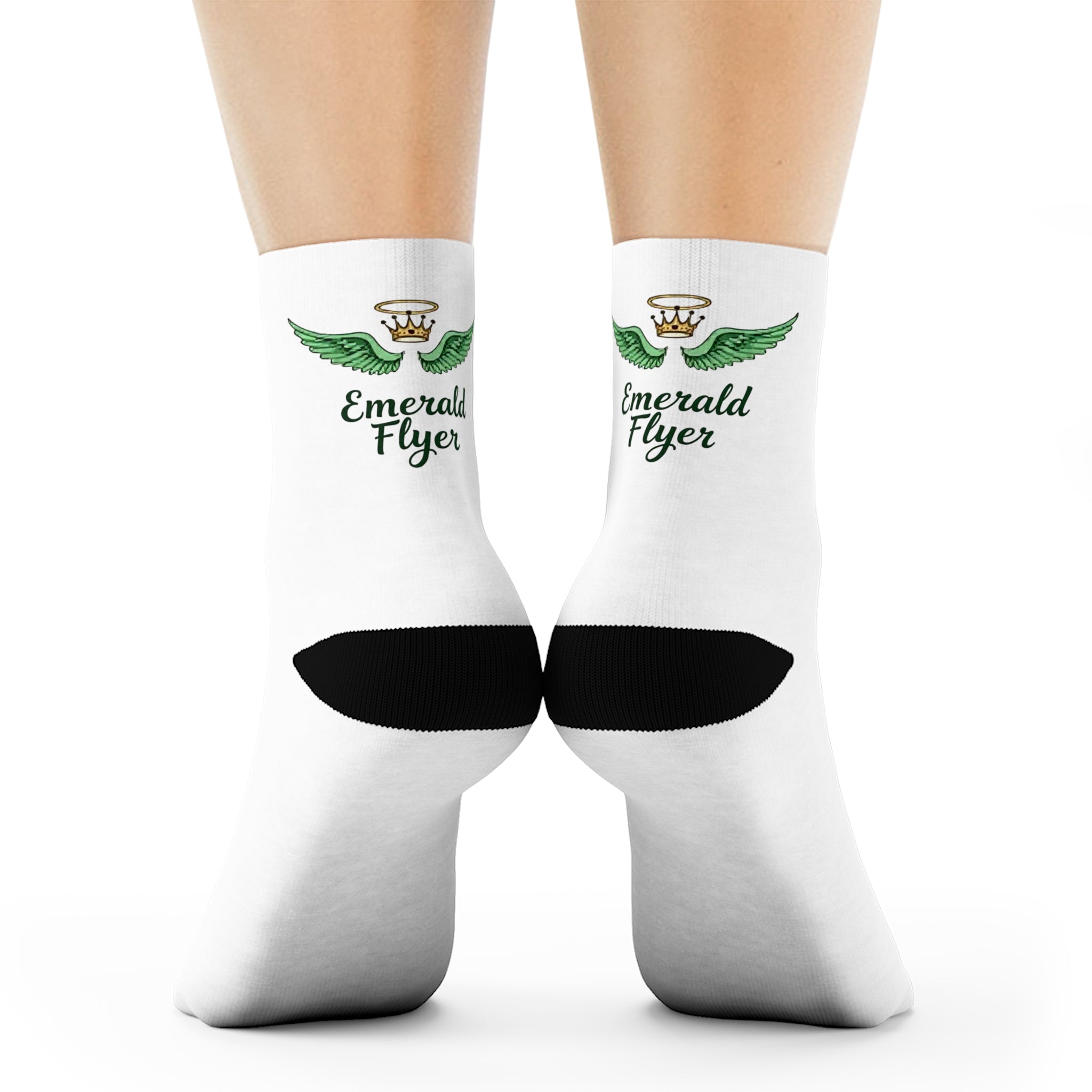 Emerald Flyer Logo Crew Socks | White Socks with Black Heel & Toe