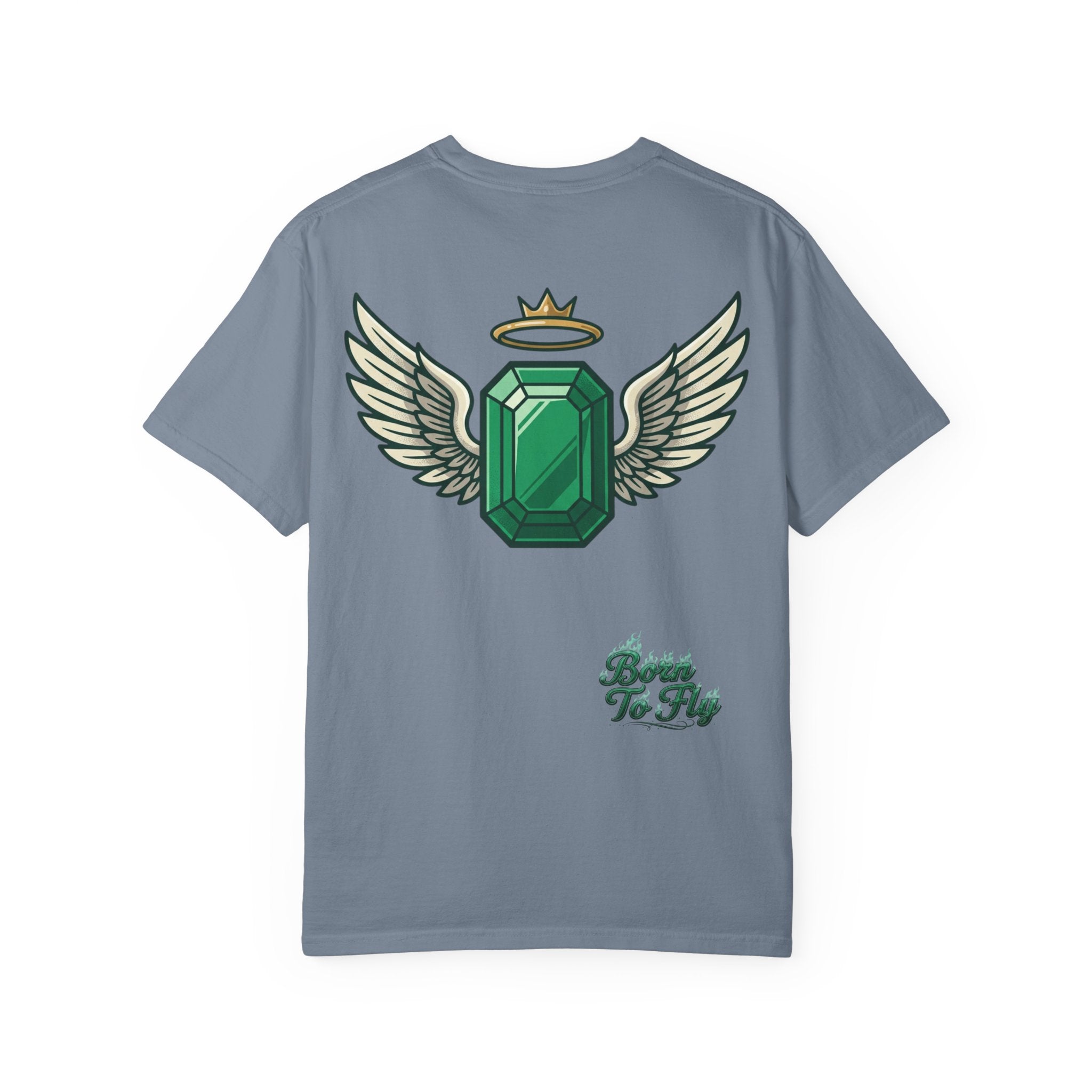 Emerald Flyer T-Shirt — "Born To Fly" Winged Emerald Graphic Tee