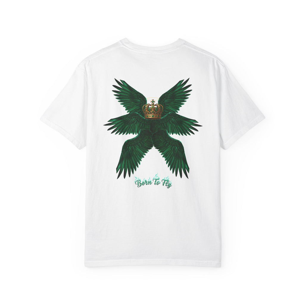 Emerald Tiger T‑Shirt — Green Winged Crown 'Born to Fly' Graphic Tee